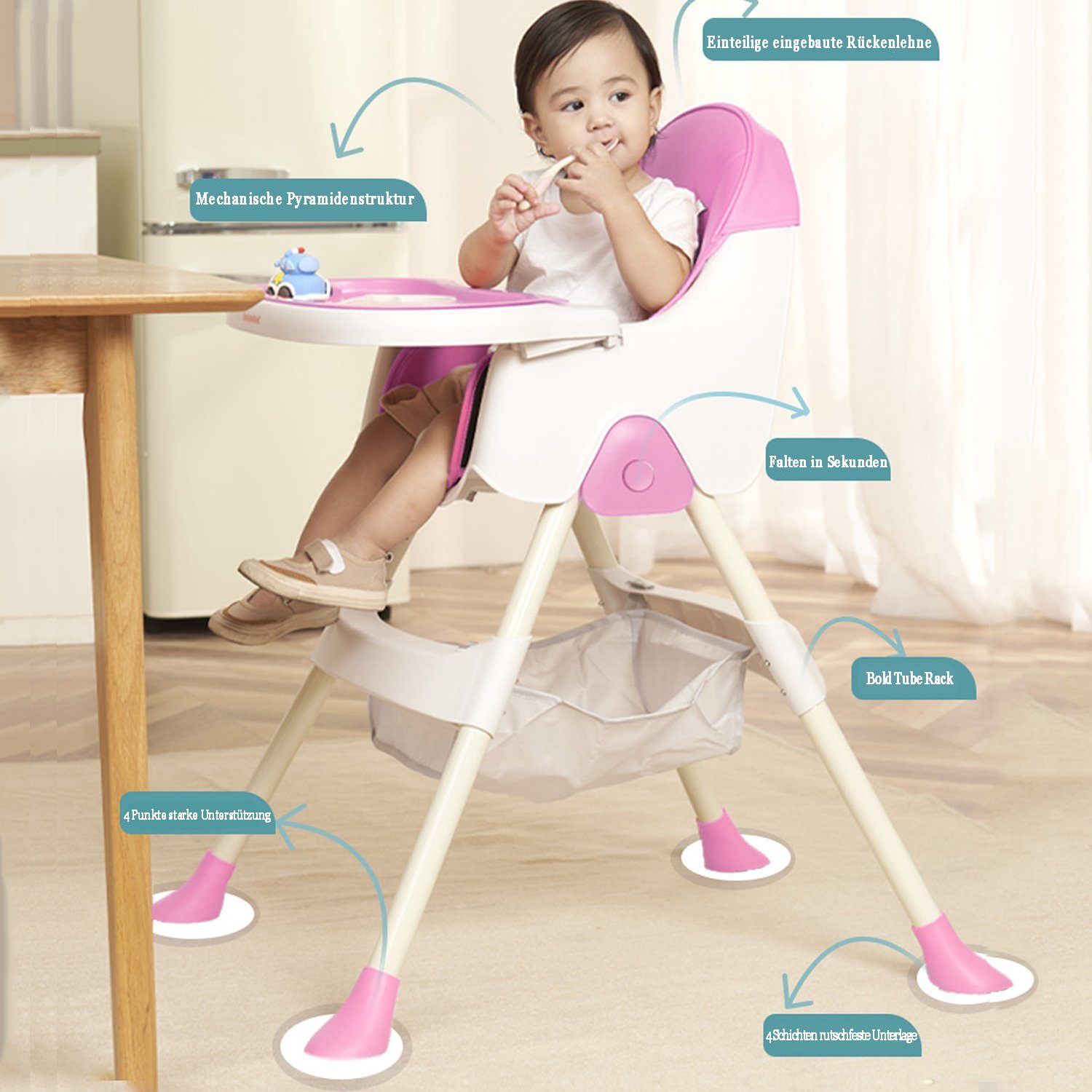 Seven Comfort Kinderklappstuhl Kinderhochstuhl (mit wasserdichtes Ablagekorb, Tablett) lila 5-Punkt-Sicherheitsgurt, abnehmbares mit