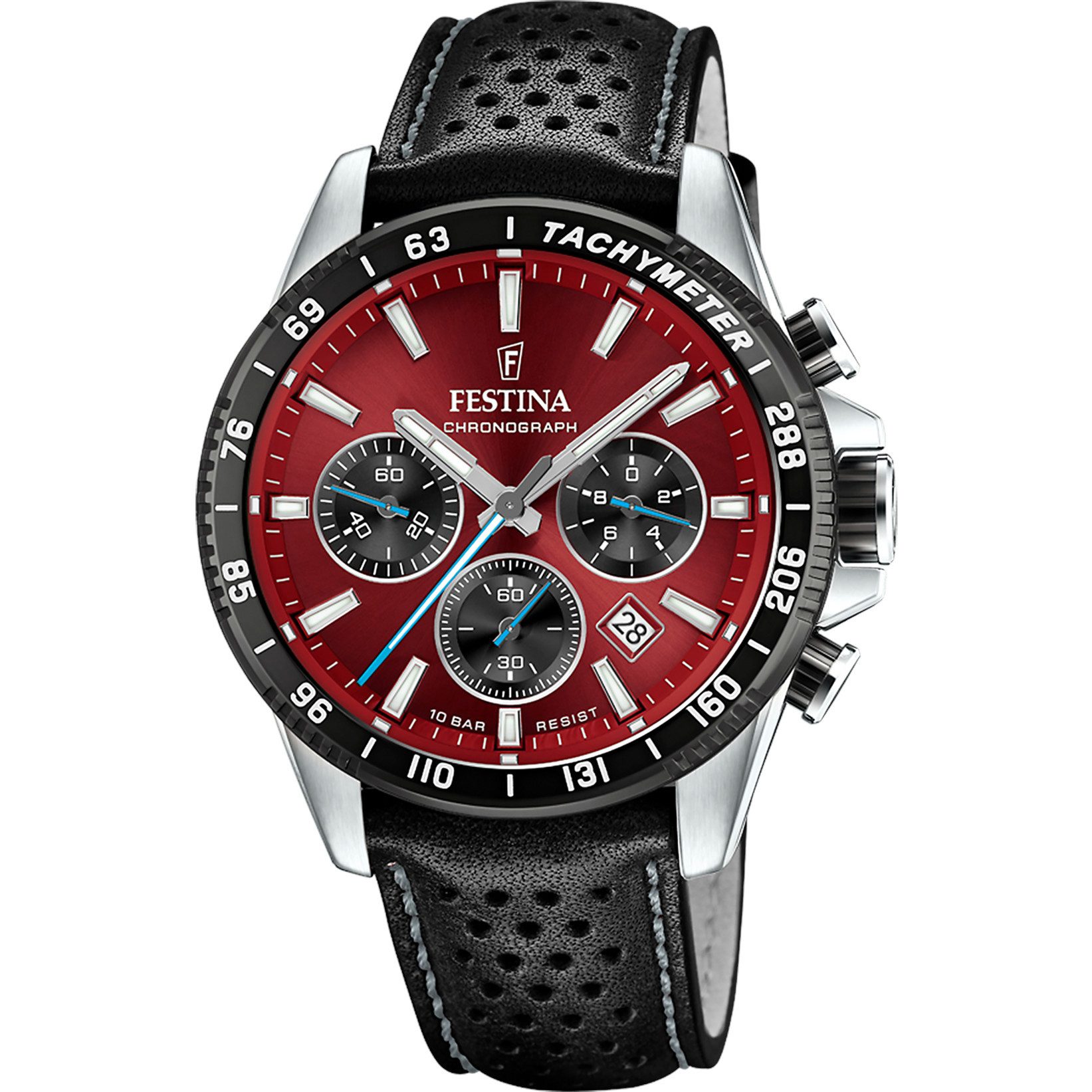 Festina Chronograph Herrenuhr F20561-7 Burgunderrot Lederband 45 mm