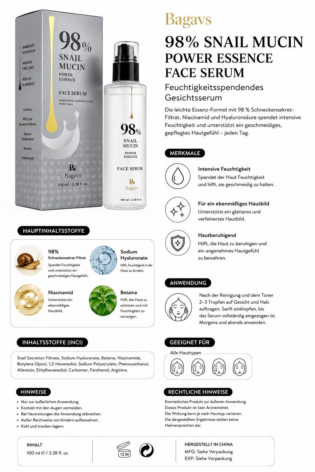 NOBRAND® Tagescreme Bagavs 98% Snail Mucin, Feuchtigkeitsserum mit Niacinamid & Hyaluron