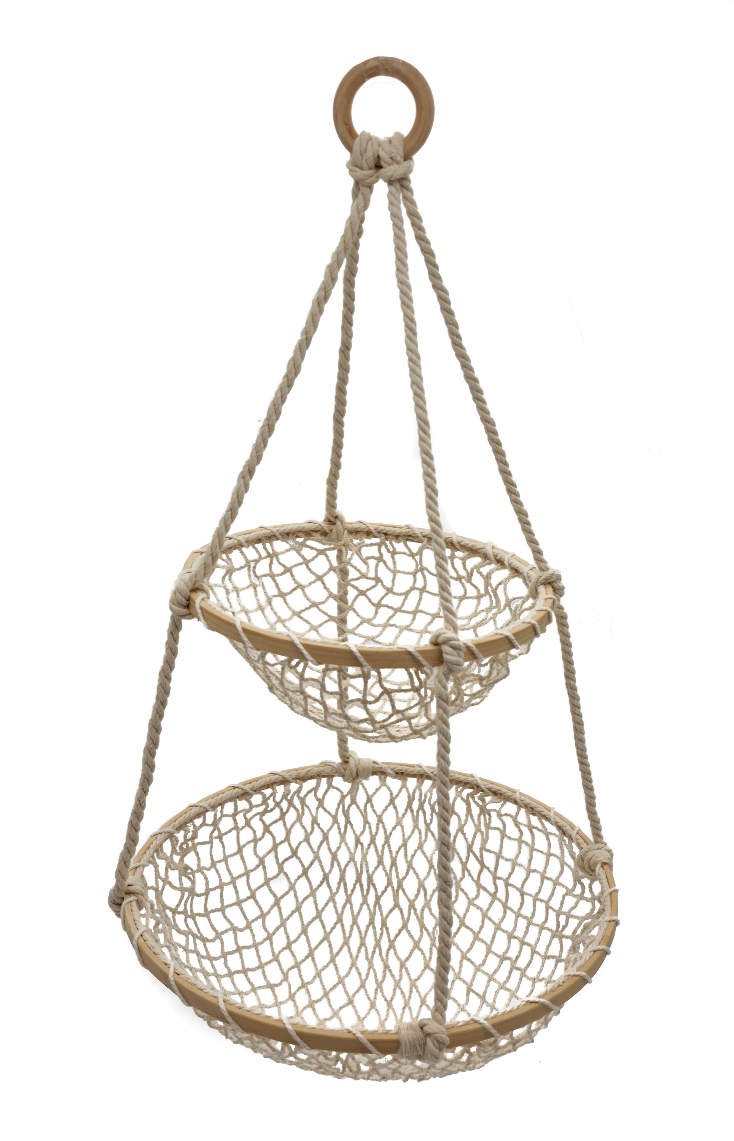 Spetebo Hängekorb Makramee Hängekorb Boho Chic mit 2 Etagen 55x30 cm (Stück, 1 St., Hängekorb), Hänge Obstkorb geknüpft mit Bambus Rahmen