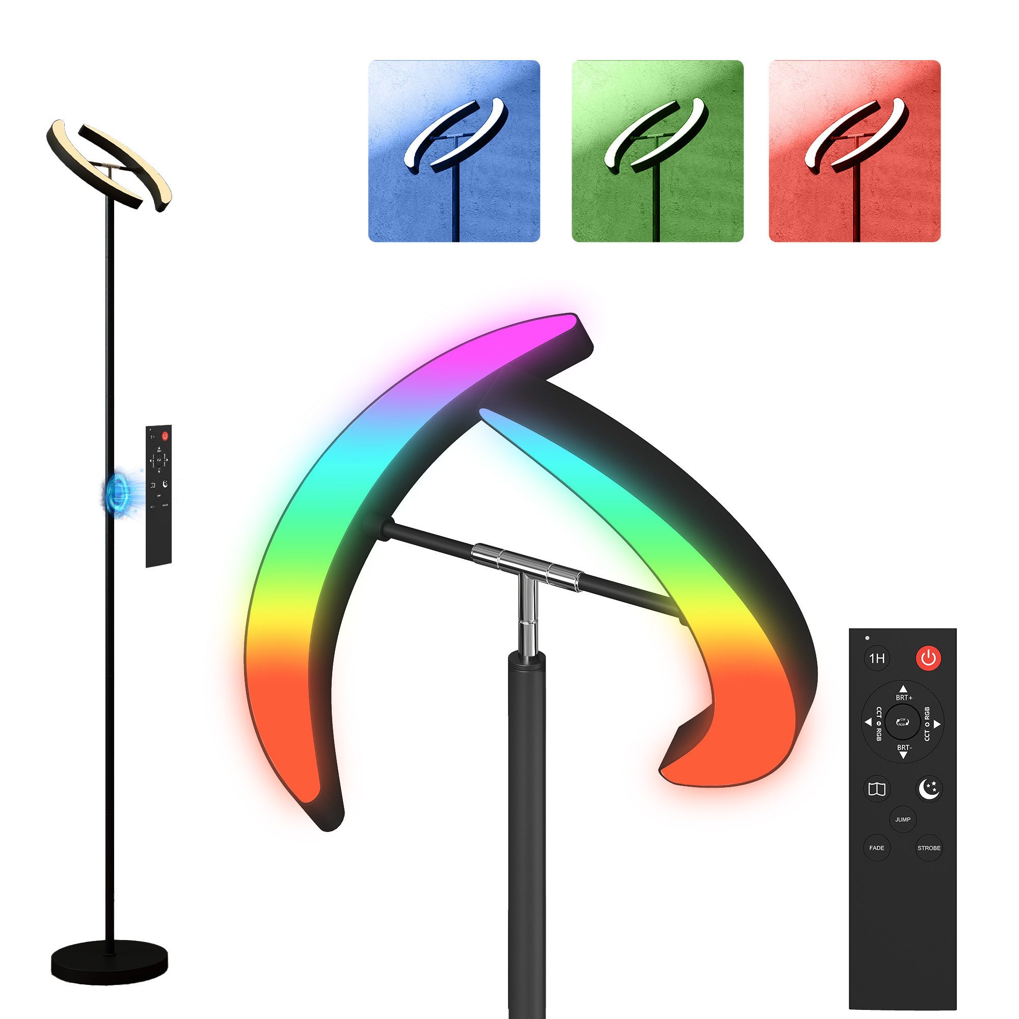 HOMCOM Stehlampe LED Wohnzimmer RGB Stehleuchte Dimmbar 350° drehbarer Doppelkopf, Dimmfunktion, Farbwechsel, Nachtlichtfunktion, LED fest integriert, Farbwechsler, für Wohnzimmer, Schlafzimmer, Schwarz