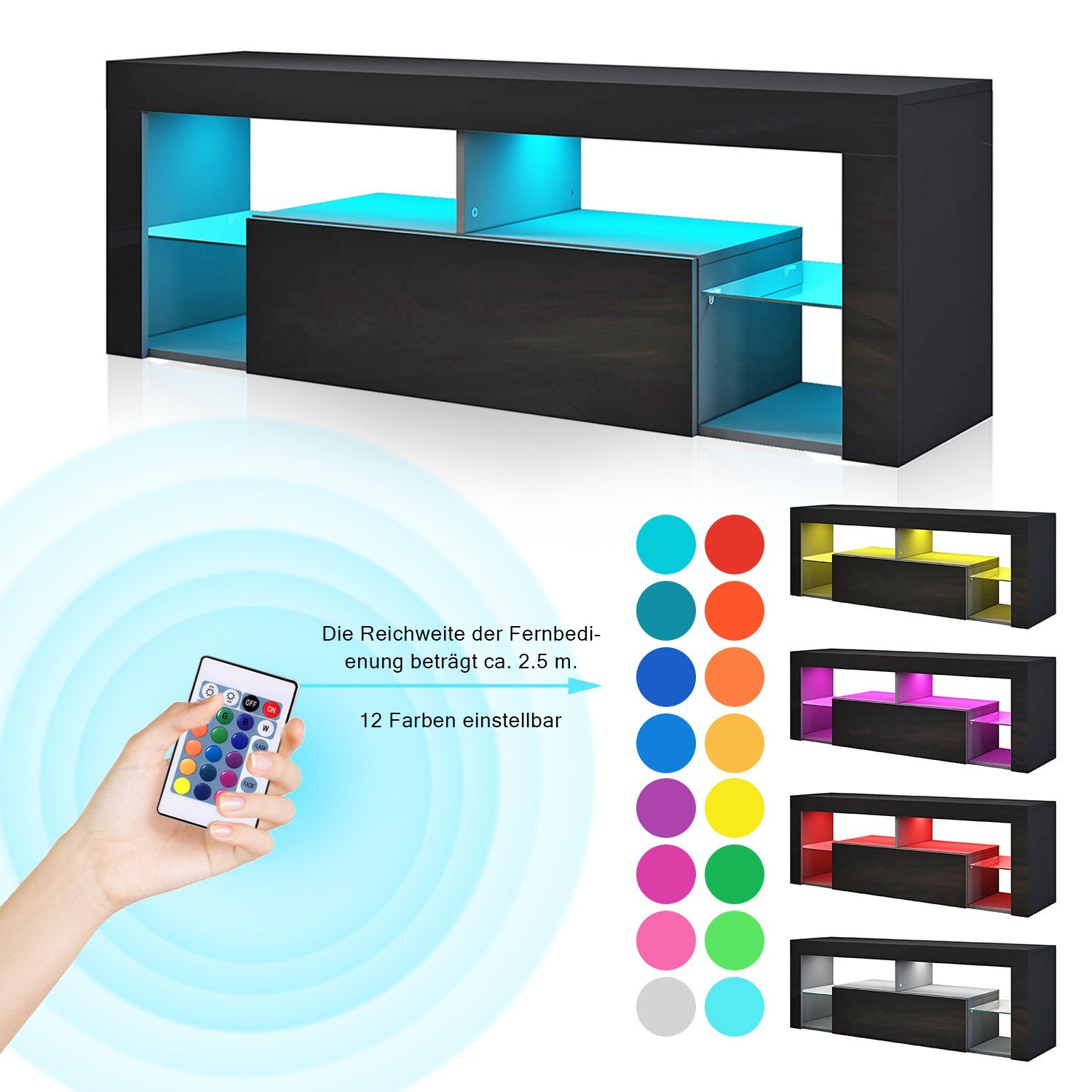Farben 140x35x50.5cm mit LED-Beleuchtung TV-Ständer Schwarzer 12 Beleuchtung, Led mit SONNI TV-Schrank Stilvoll