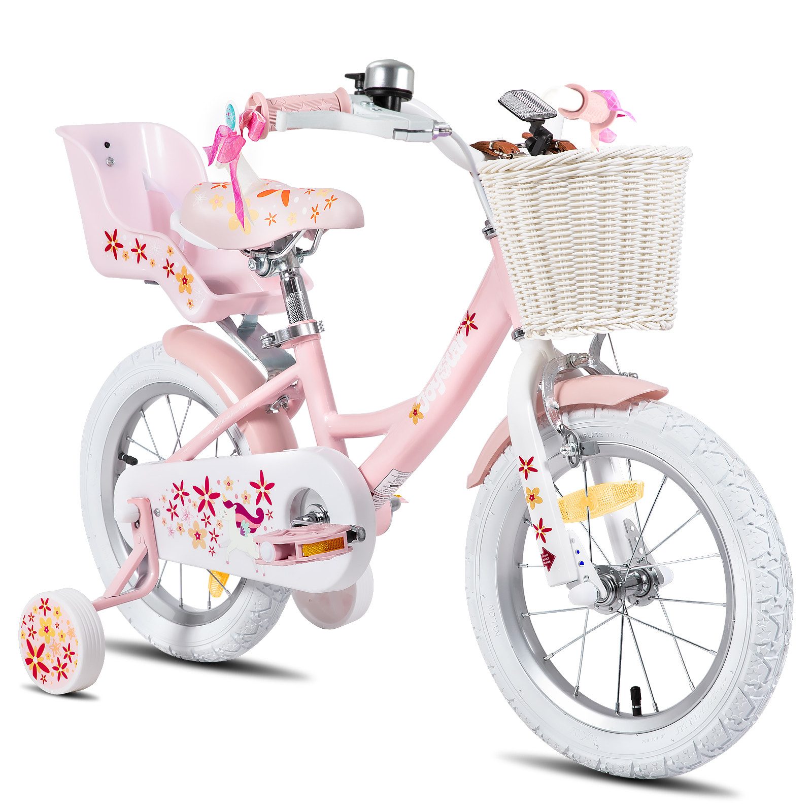 JOYSTAR Kinderfahrrad 12 14 16 18 Zoll Mädchenfahrrad, 2-9 Jahre, Geschenk für Prinzessin, 1 Gang, Puppenradsitz & Stützrädern& Korbstreamer, 18 Zoll mit Stützrädern