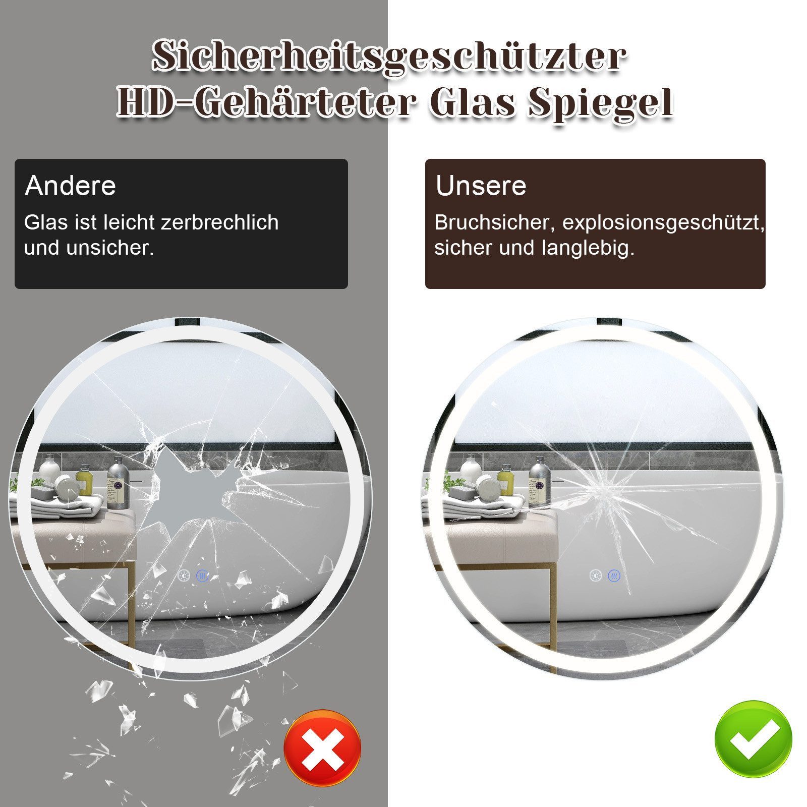 Nettlife Badspiegel Rund Touch Schalter und Entfogger Wandspiegel Beleuchtet 50/60/70/80cm, Entfogger Funktion Dimmbar Memories Funktion Ideal für Badezimmer – Bild 4 von 5