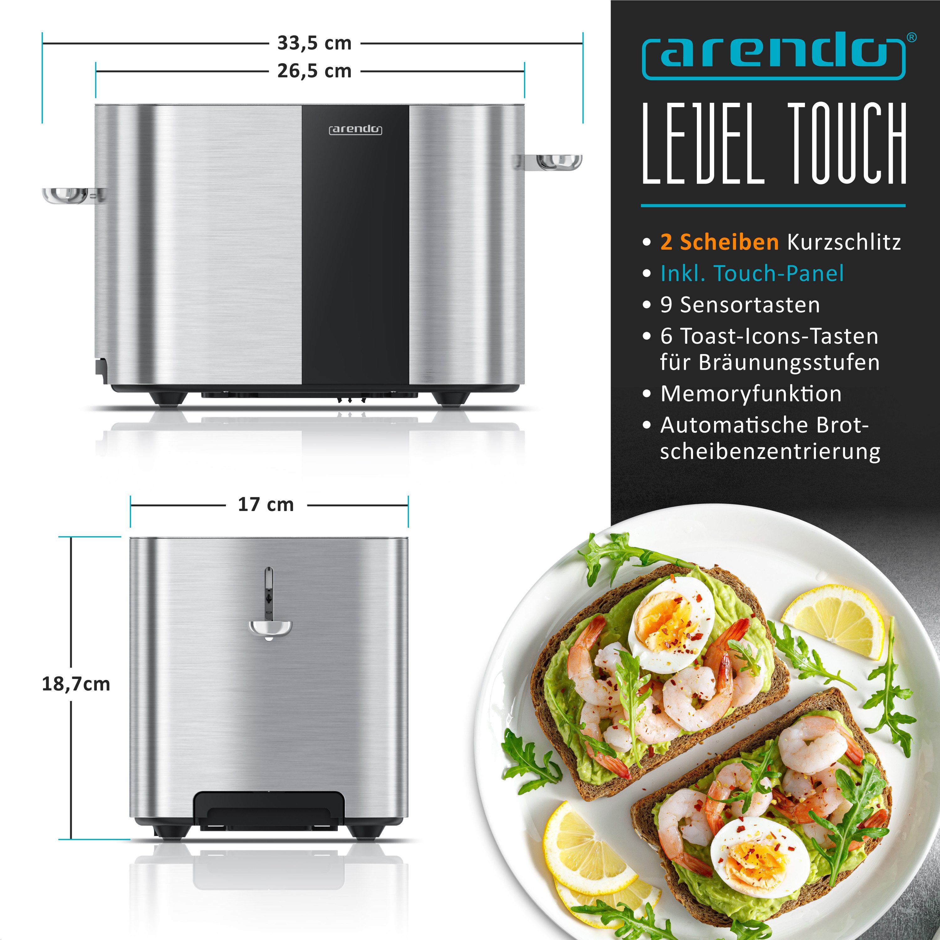 Arendo Toaster 2-Scheiben Kurzschlitz Edelstahl, Touch, Restzeit Bräunungsgradanzeige, 2 Schlitze, für 2 Scheiben, 800 W, Brötchenaufsatz, Wärmeisoliert, Toast-Symbole für Bräunungsgradauswahl
