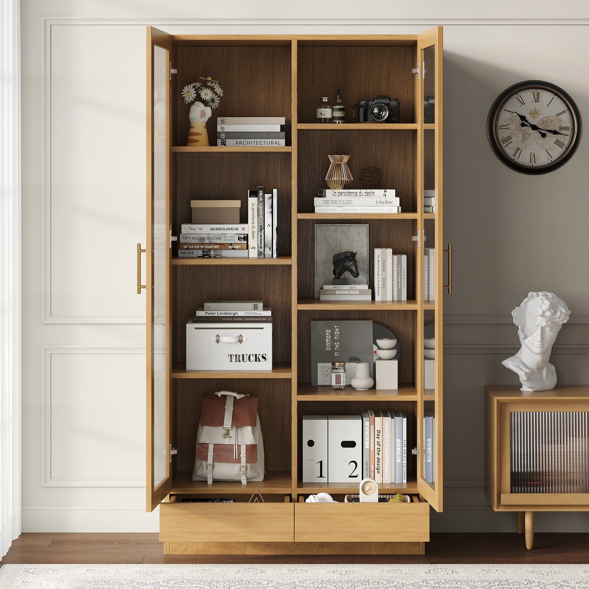 Flieks Glasvitrine Bücherregal mit 2 Glastüren und Schubladen (80x40x160 cm, 1-St) Hochschrank Aktenschrank Mehrzweckschrank mit 9 Fächern Holzoptik