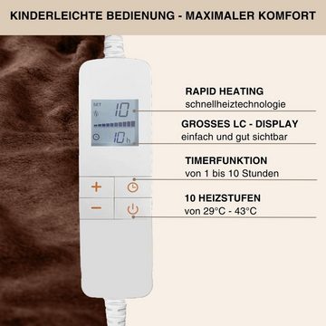 Grafner Heizdecke Wärmedecke Heizdecke Flannel Fleece elektro 180 x 130 cm Braun, Stck, 1-tlg., 1, Waschbar, Timer, 6 Temperaturstufen, XXL