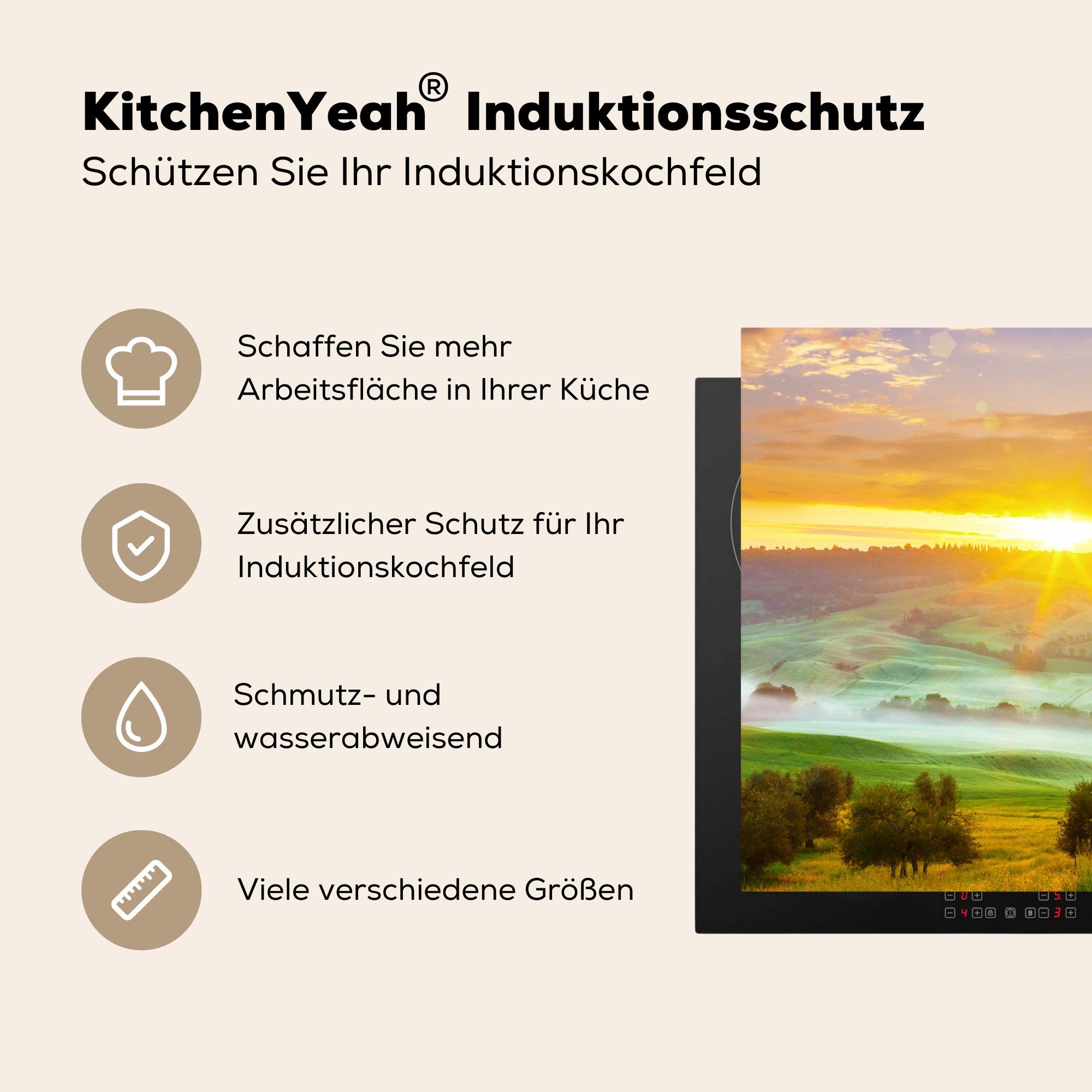 MuchoWow Herdblende-/Abdeckplatte Nebel - Sonne Natur küche tlg), Ceranfeldabdeckung, Toskana, 78x78 - cm, Vinyl, (1 - für Arbeitsplatte