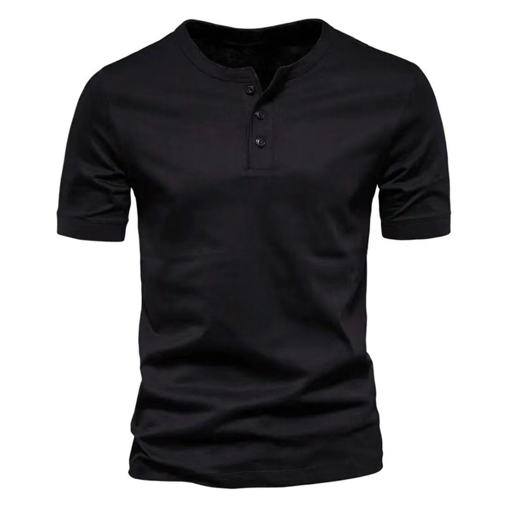 Lapastyle Henleyshirt Herren Kurzarm T-Shirts Oberteile Basic Tops Rundhals Hemden Sommer Einfarbig Knopf Sportshirits Slim-Fit Shirt schwarz