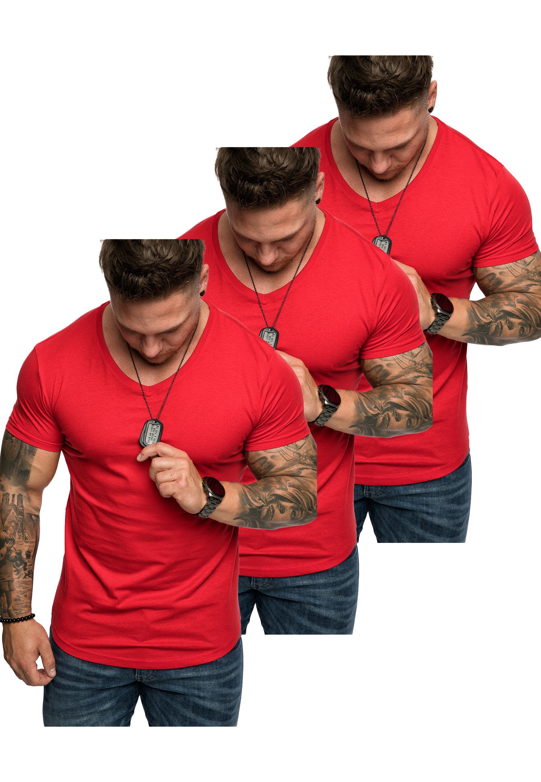 (3x T-Shirt Oversize V-Ausschnitt 3er-Pack mit (3er-Pack) Herren Rot) T-Shirts Basic BELLEVUE 3. T-Shirt Amaci&Sons