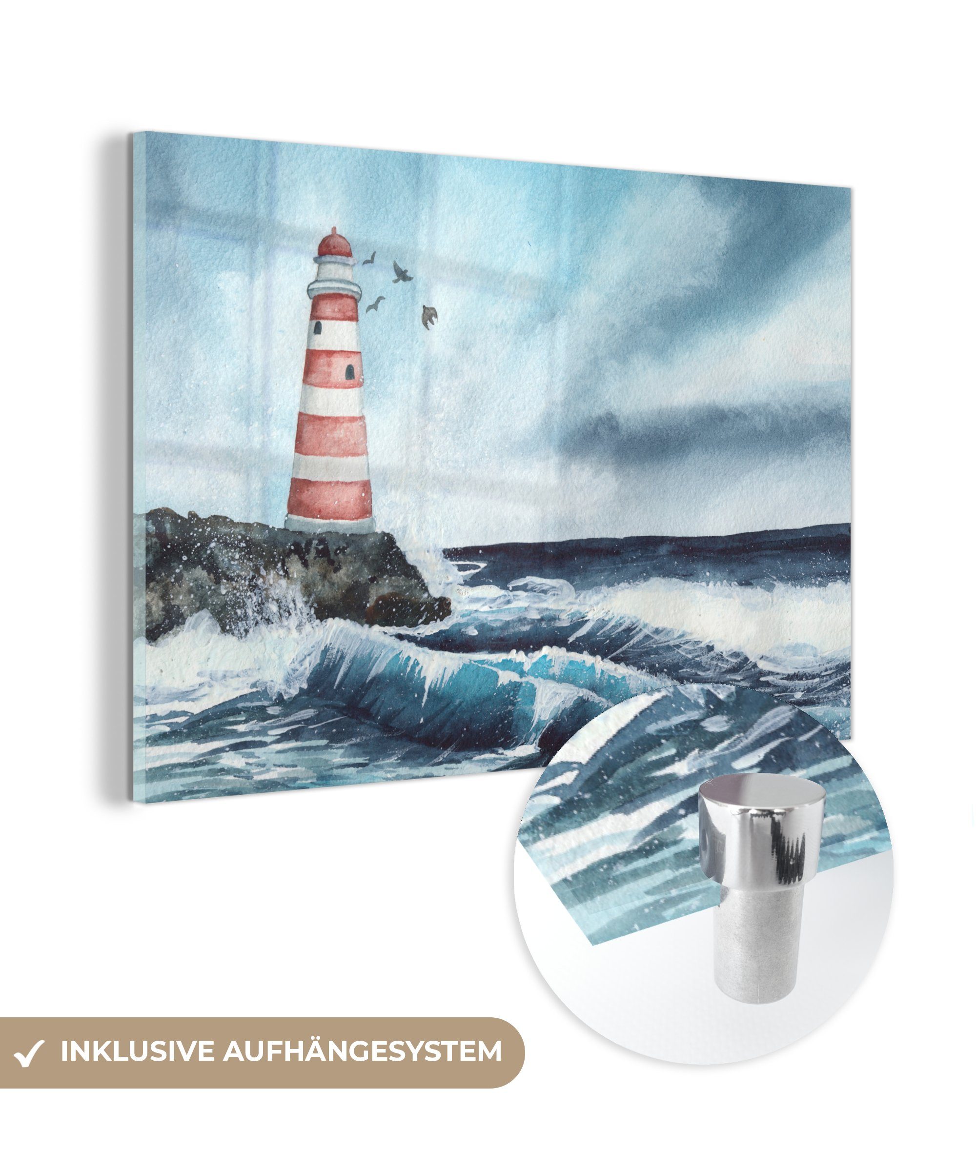 MuchoWow Acrylglasbild Leuchtturm Acrylglasbilder Wohnzimmer St), Meer (1 Golf, - - Schlafzimmer &
