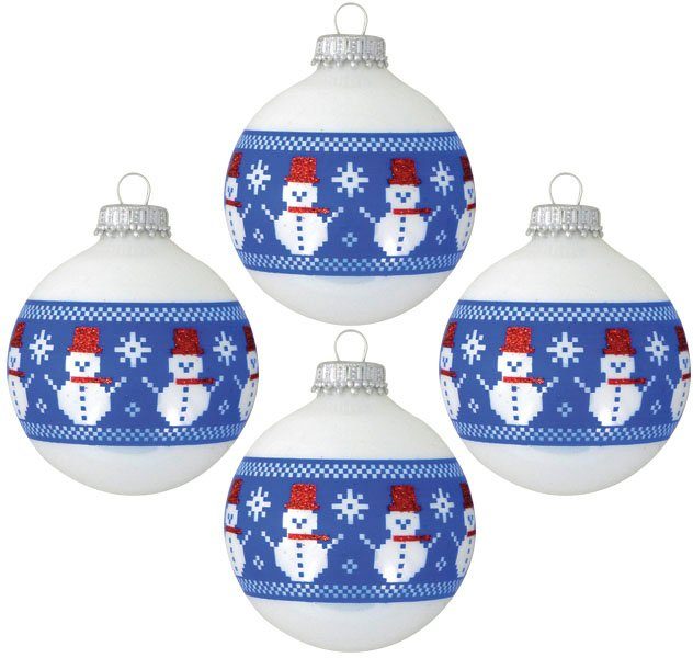 Krebs Glas Lauscha Weihnachtsbaumkugel Glaskkugeln mit "genähtem" Schneemann Band (4 St), Weihnachtsdeko, Christbaumschmuck, Christbaumkugeln aus Glas