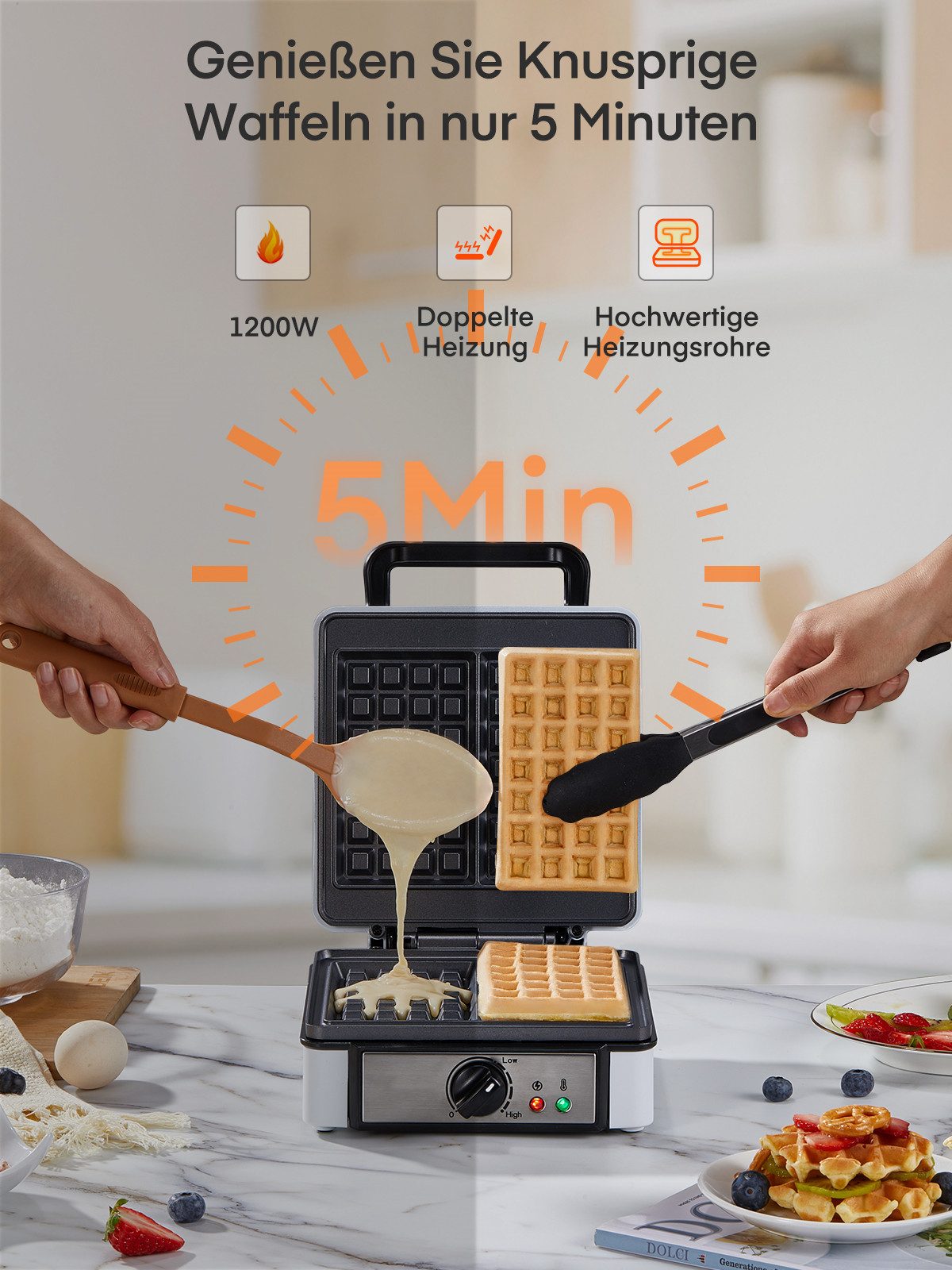 FOHERE Waffeleisen XL 2er Waffeleisen, Waffelautomat, Paninigrill, Waffeltoaster, 1200 W, Elektrogrill, Antihaftbeschicht – Bild 3 von 5