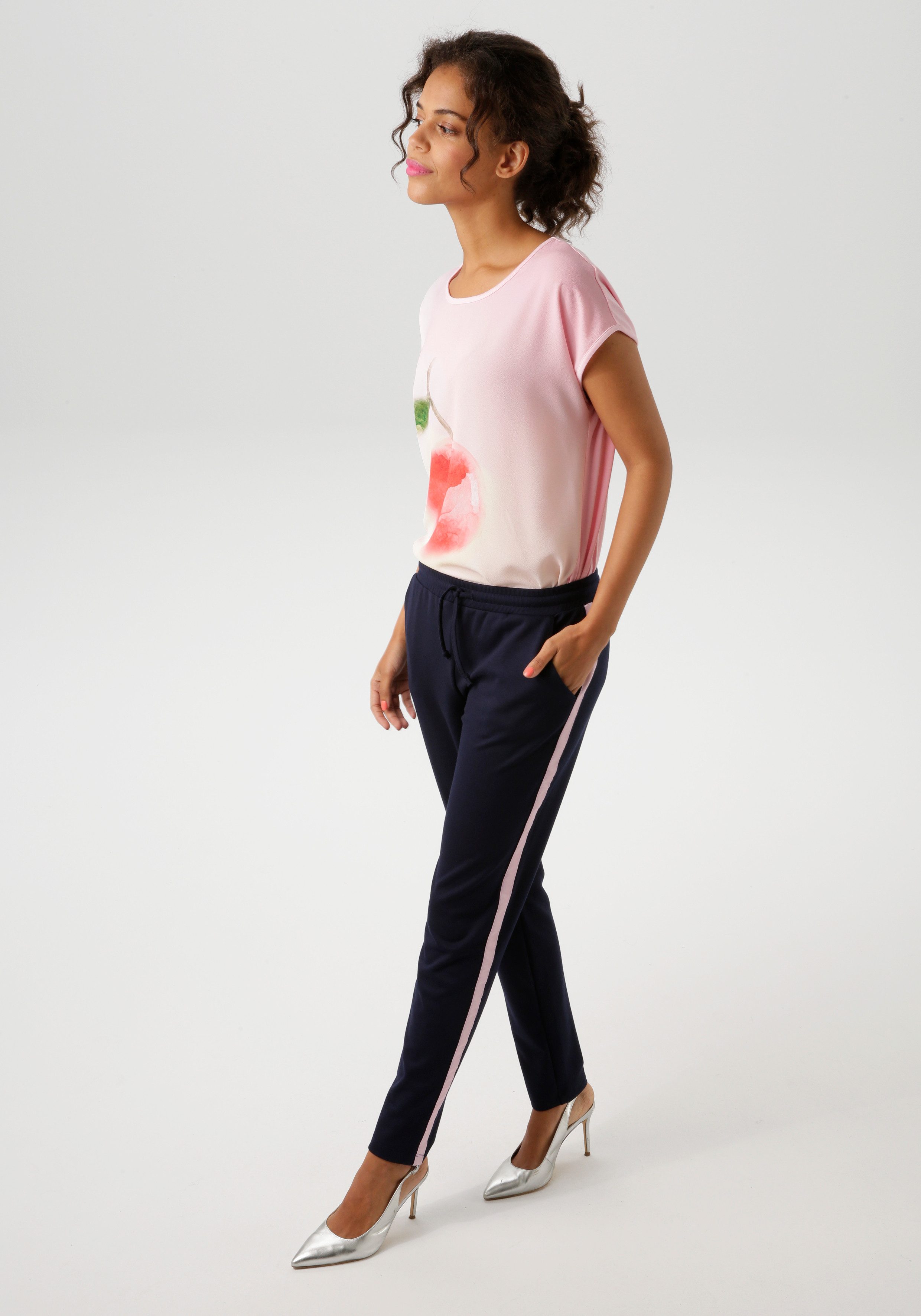 Aniston CASUAL pull-on trousers with pink tape on the side seams