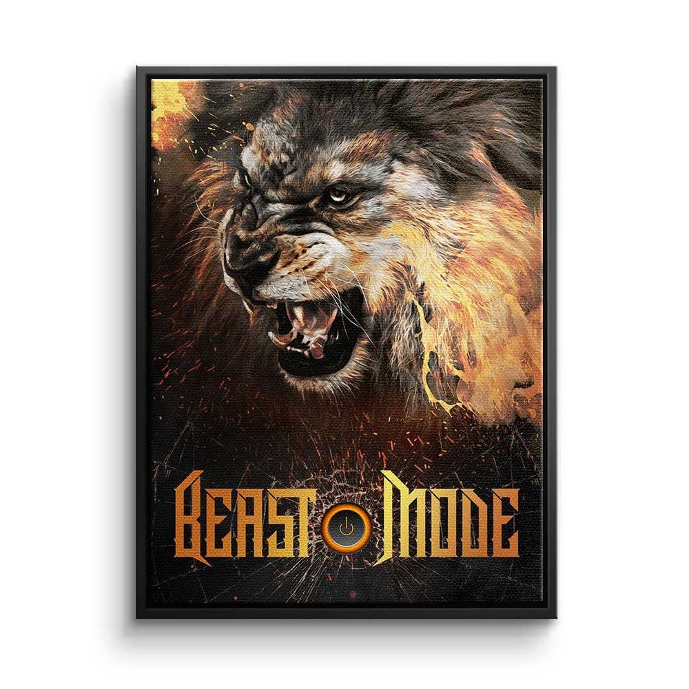 DOTCOMCANVAS® Leinwandbild Beast Mode Lion, Premium Leinwandbild - Motivation - Beast Mode Lion - Hustle - Büro schwarzer Rahmen | Leinwandbilder