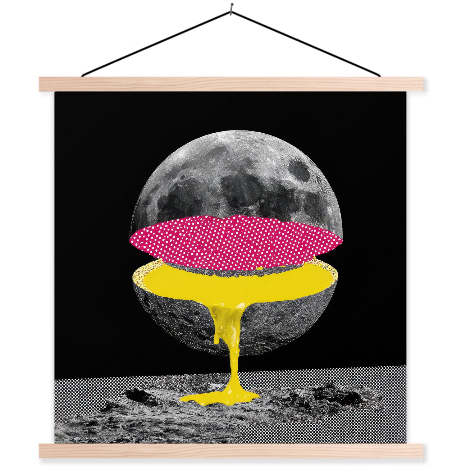 MuchoWow Poster Mond - Gelb - Rosa - Schwarz, (1 St), Posterleiste, Textilposter für Wohnzimmer, Bilderleiste, 40x40 cm