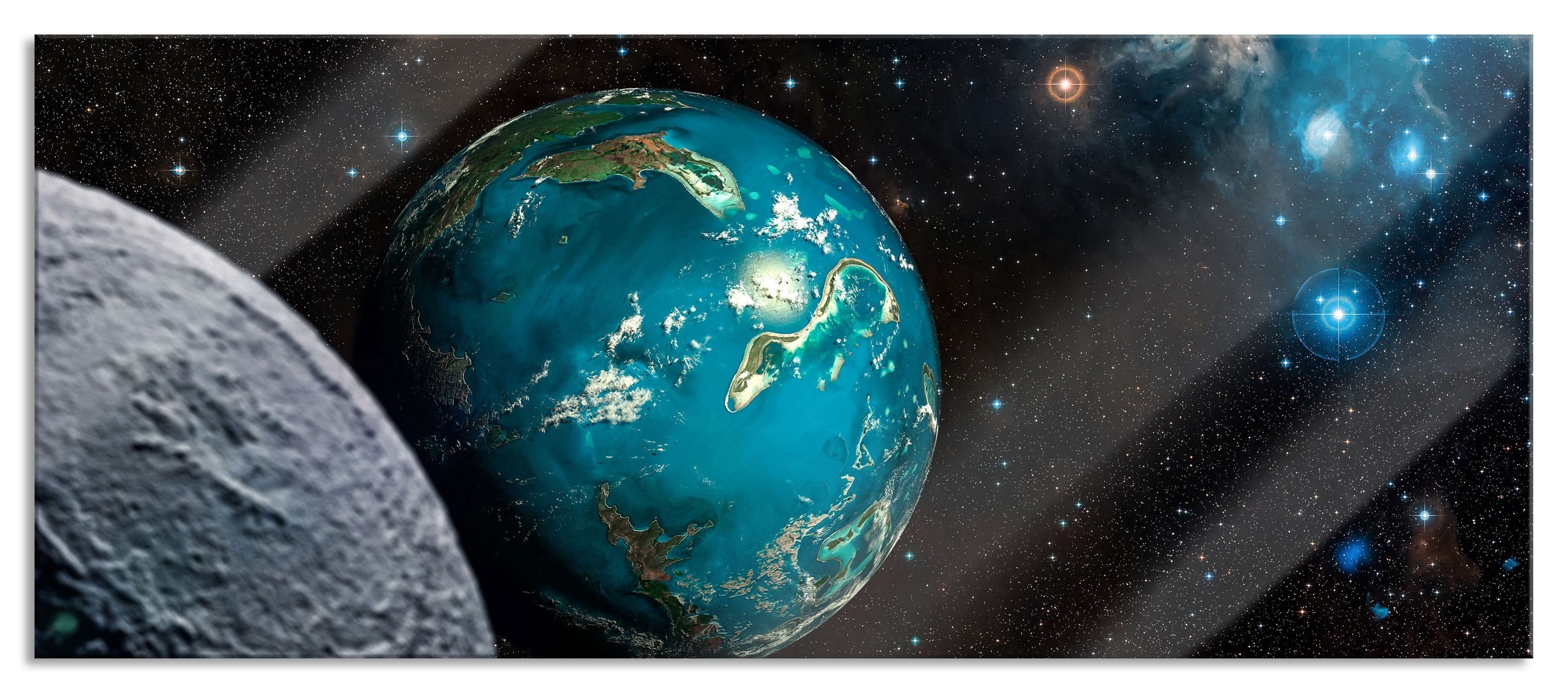aus Abstandshalter Planet Glasbild und St), inkl. Glasbild im (1 Kosmos Echtglas, Pixxprint Planet im Aufhängungen Kosmos, Erde Erde