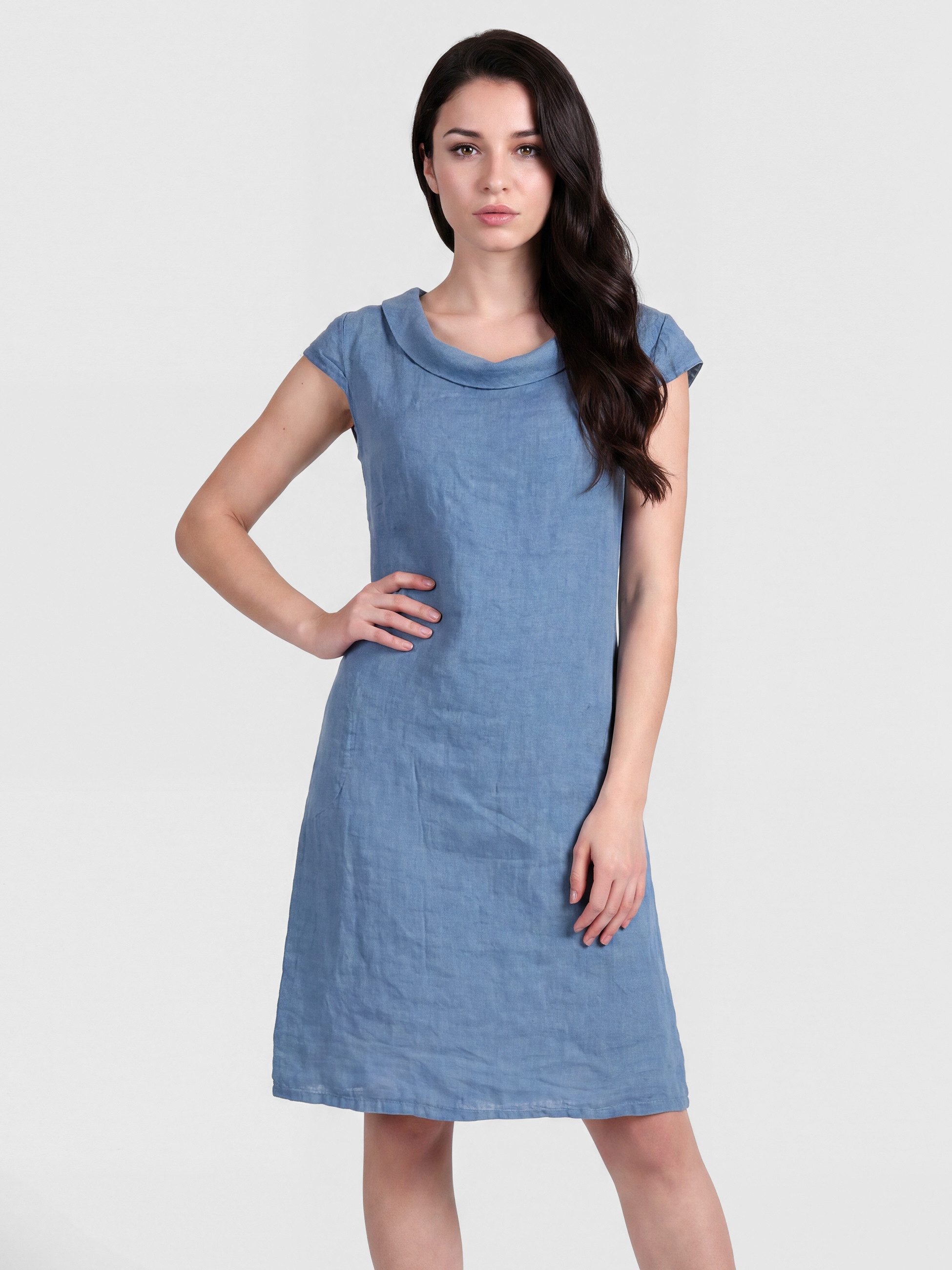 PEKIVESSA Sommerkleid Knielanges Leinenkleid kurzarm elegant mit breitem Umschlagkragen