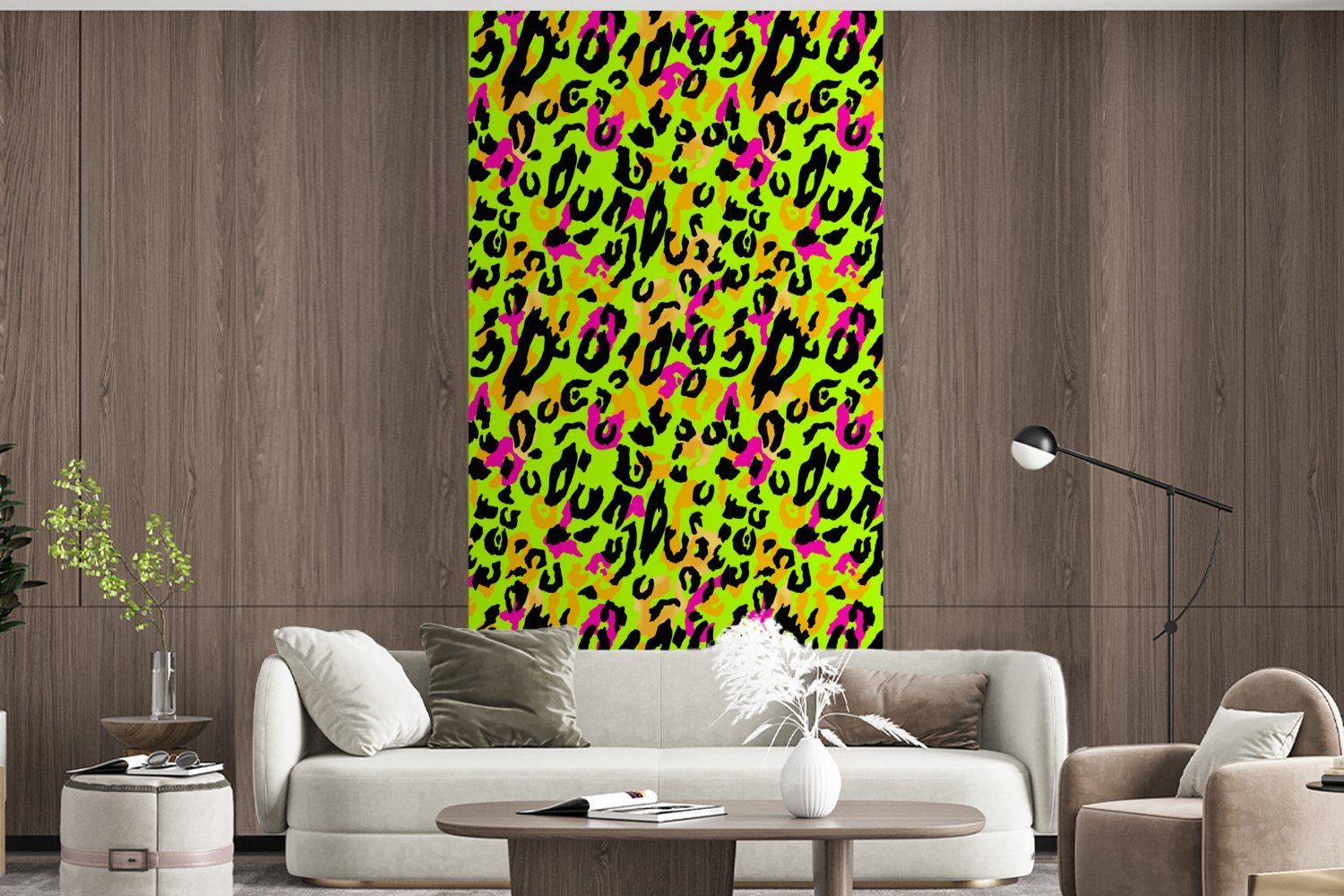 (2 Matt, Neon - Panther Tierprint - MuchoWow Fototapete Küche, Vliestapete St), Fototapete für Gelb, bedruckt, - Schlafzimmer Wohnzimmer