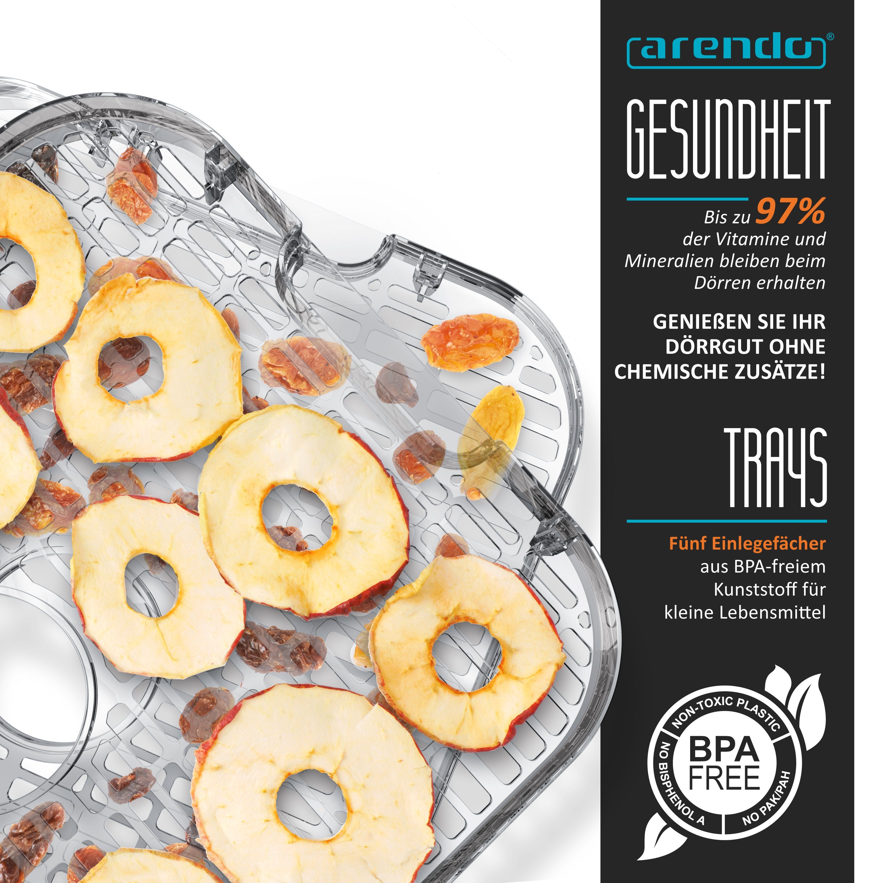 Arendo Dörrautomat mit Temperaturregler, 5 Etagen, 35-70°C, Edelstahl, Dörrgerät 400 W, 5 Etagen, Timer 24h, BPA-frei, für Fleisch/Obst/Gemüse, GS, 5 Einlegefächer