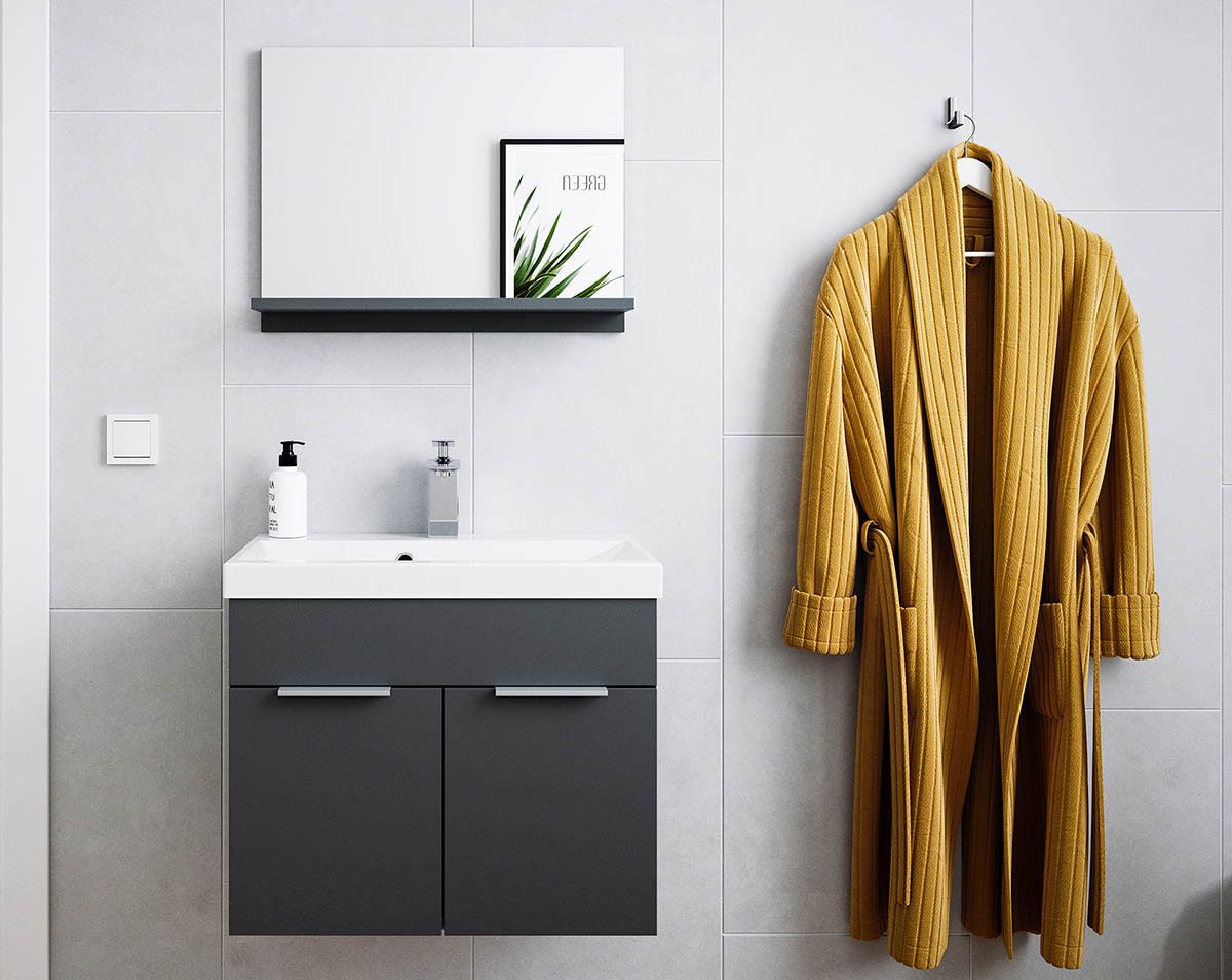 einfachgutemoebel Waschtisch-Set Badset LAGEAUX Slimline 2-tlg 60cm, Waschplatz & Spiegel, grafitgrau, (Badmöbel Set, 1-St., Waschtisch Set 2-teilig)
