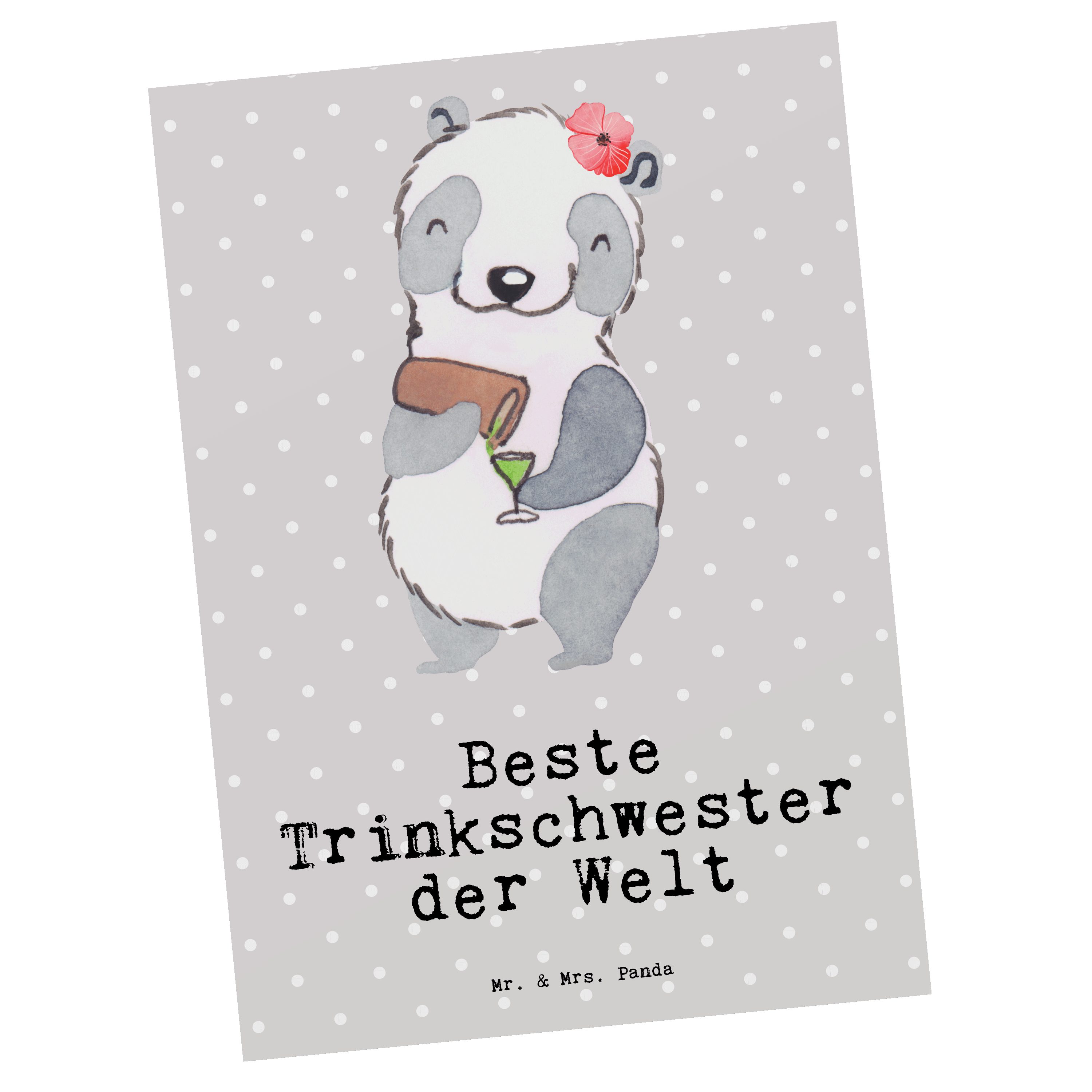 Mr. & Mrs. Panda Postkarte Panda Beste Trinkschwester der Welt - Grau Pastell - Geschenk, Grußka