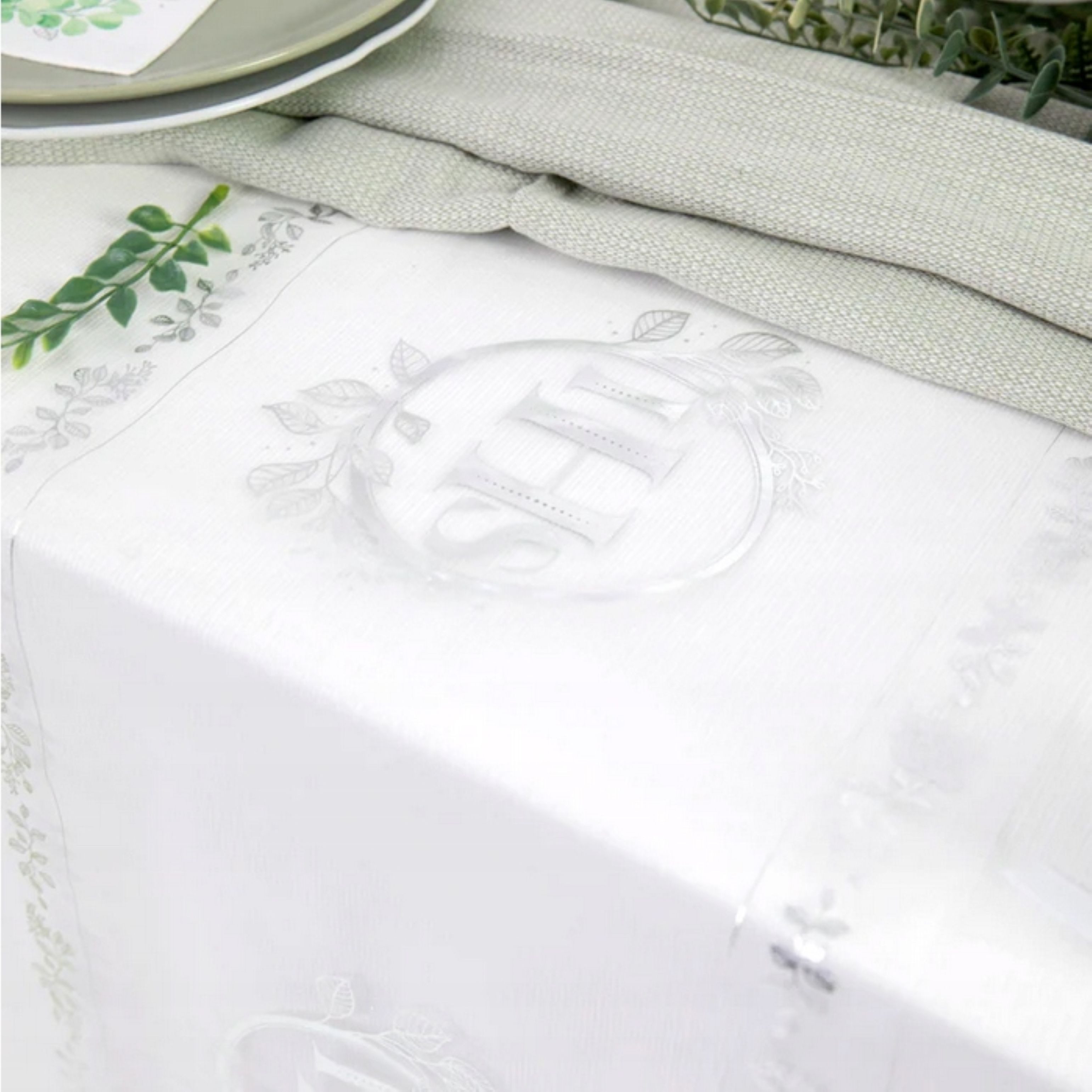 PartyPal Tischläufer Eleganter Kommunion Tischläufer IHS Eukalyptus 5m aus Organza, Silber