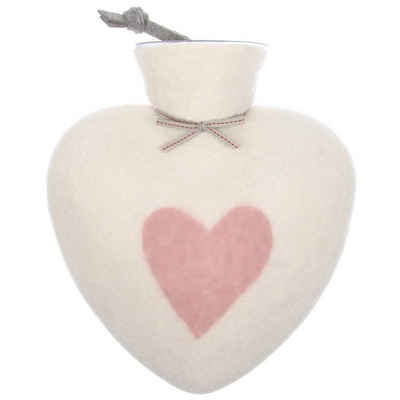 Dorothee Lehnen Wärmflasche mit Bezug aus 100% Merinowolle in Herzform; Herzwärmflasche in Weiß mit rosafarbenem Herz Motiv; Made in Germany