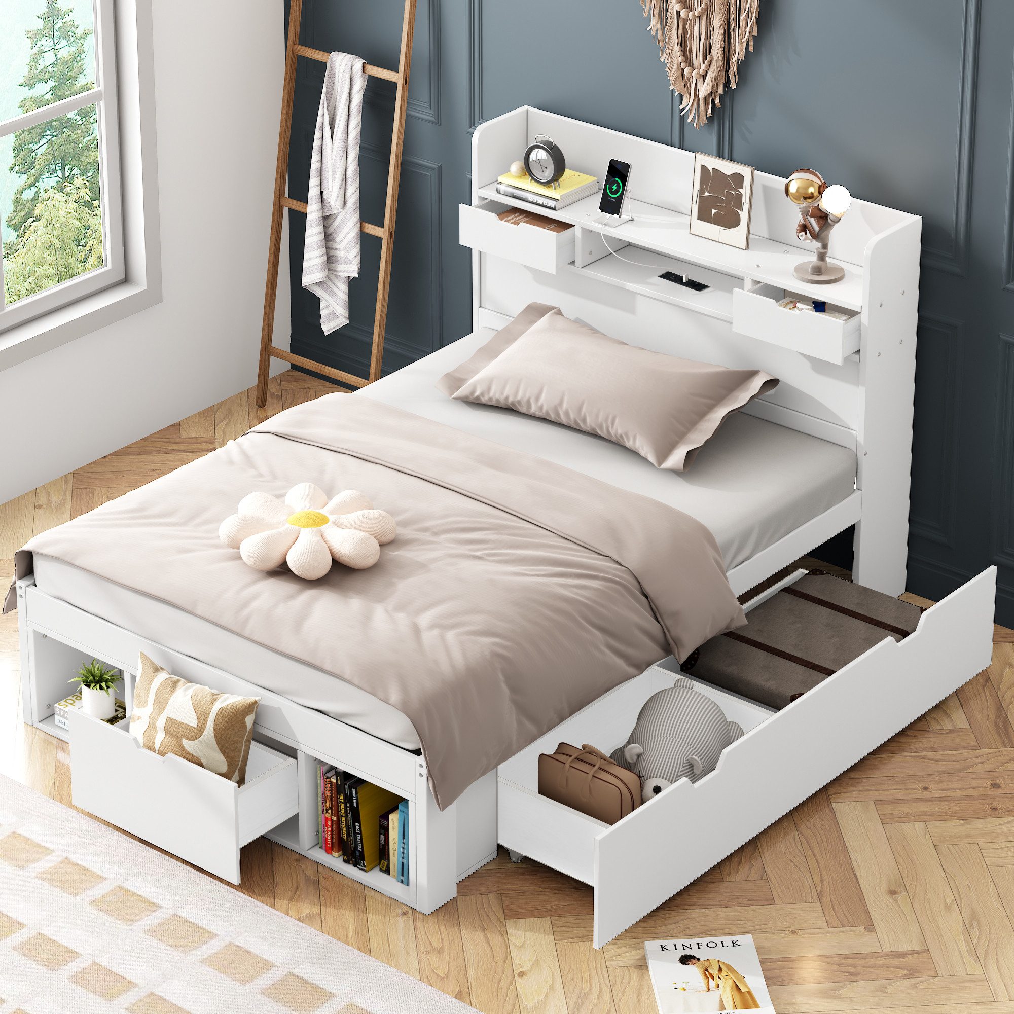 HAUSS SPOLE Holzbett 90x200cm mit USB-port, Schubladen, Stauschrank, ohne M günstig online kaufen