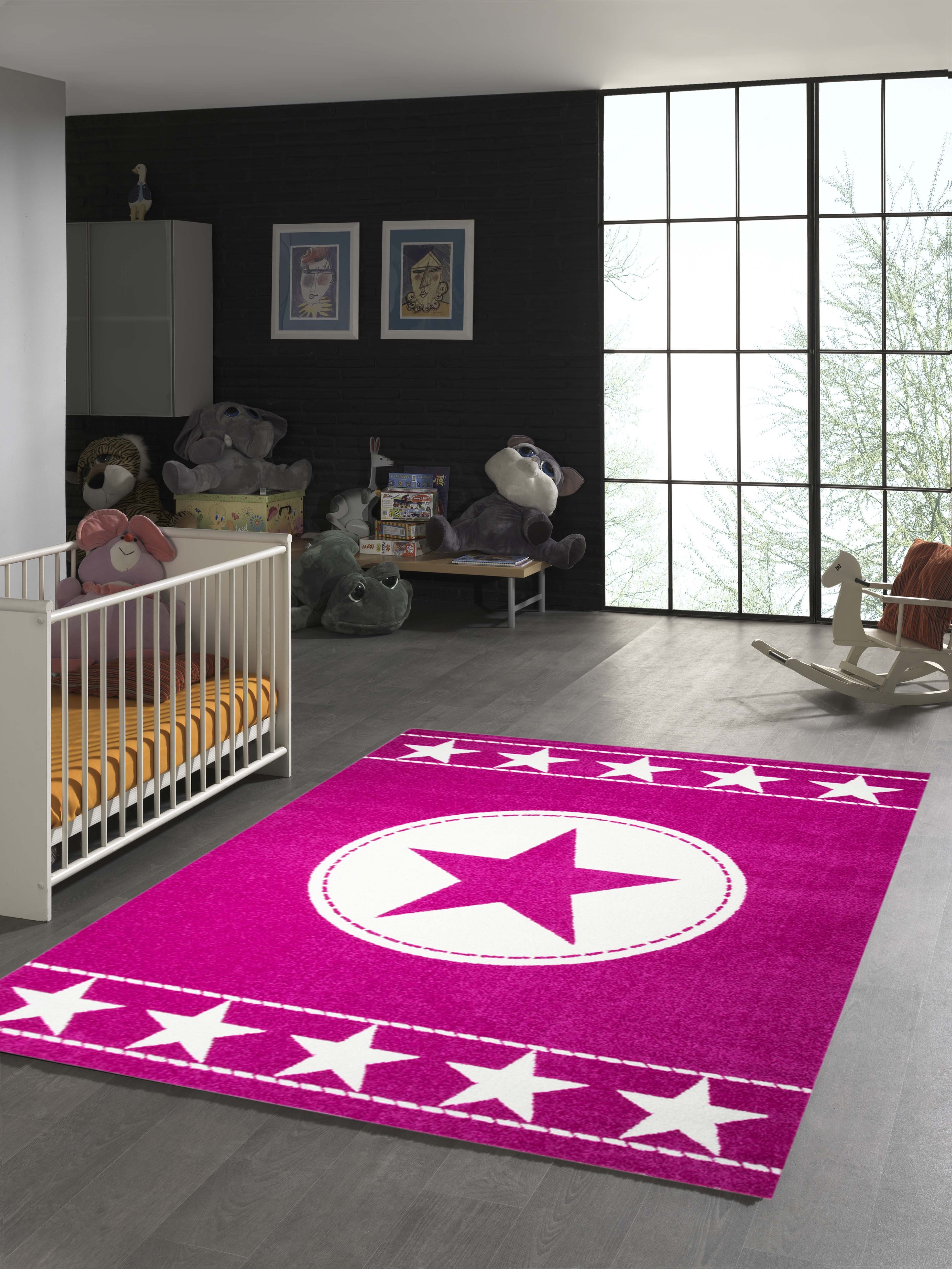 TeppichHome24 Kinderteppich Kinderteppich Sterne Pink Creme, rechteckig, Höhe: 0.9 mm