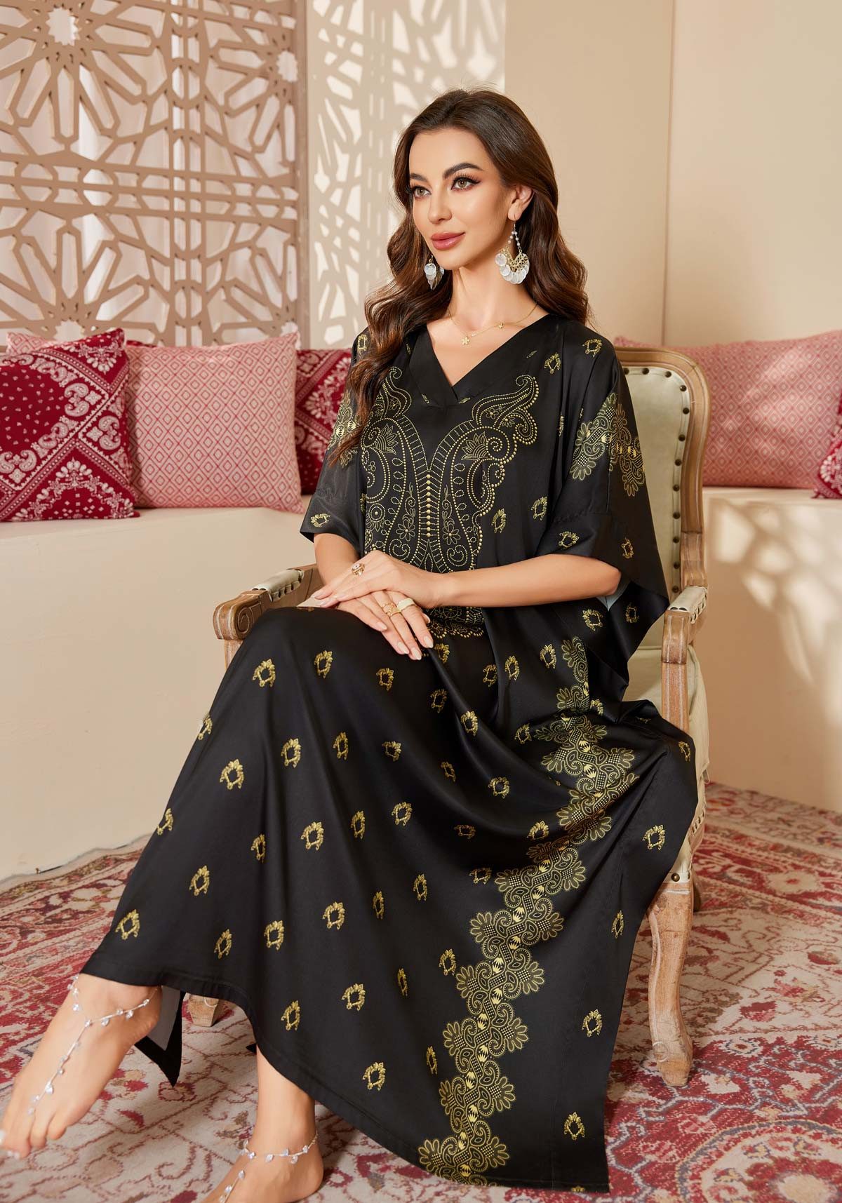 Vivi Idee Morgenmantel Kaftan Kimono Bademantel, Schlafmantel satin Sauna Einheitsgröße, Rund-Kragen/V-Kragen, kein Verschluss, Einheitsgröße, seidig – Bild 4 von 5
