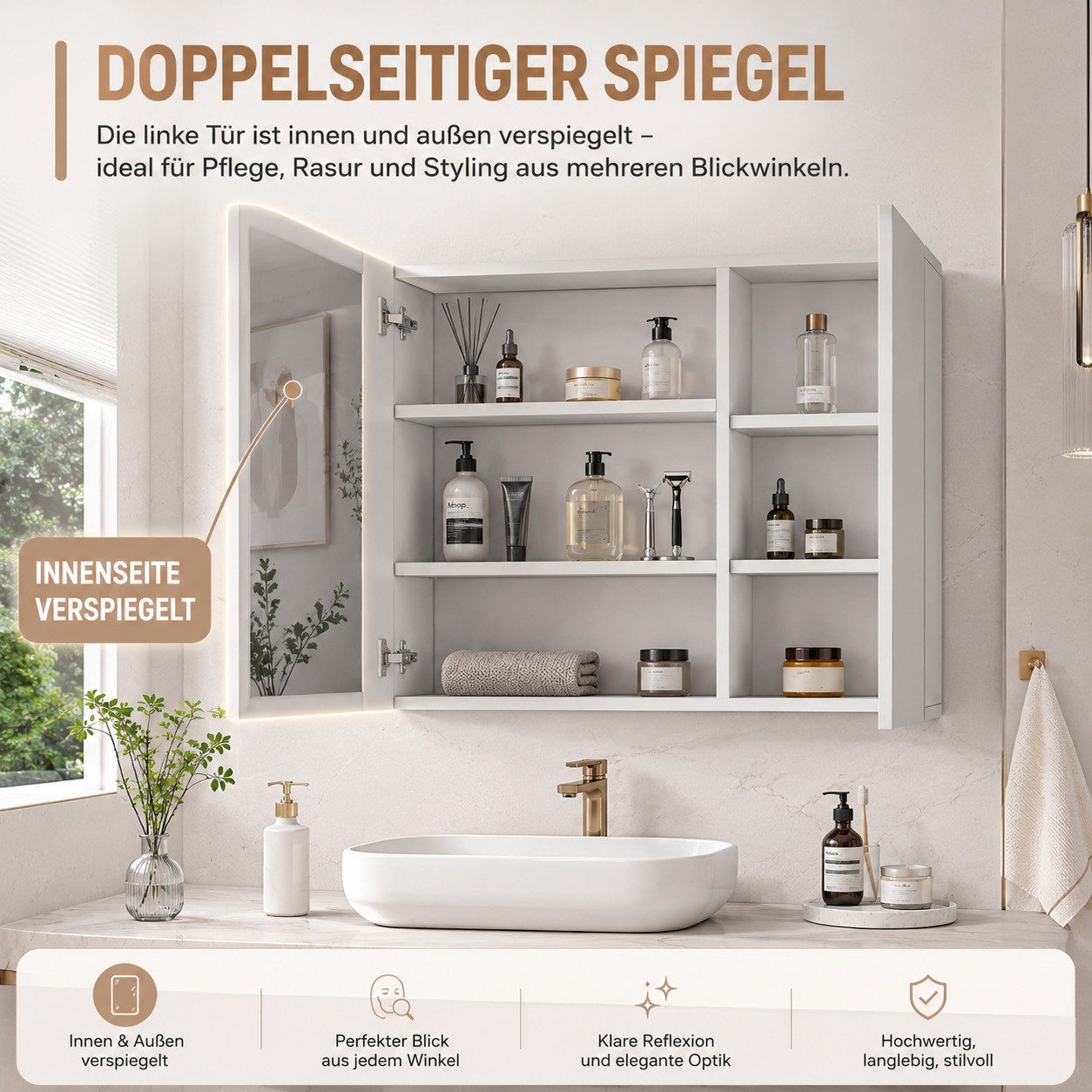 Simurq Badezimmerspiegelschrank Spiegelschrank Bad 70cm Mit LED Beleuchtung, Doppelseitiger Spiegel (Set, 3 Farbtemperatur Dimmbare, Badezimmerschrank Wandschra – Bild 4 von 5
