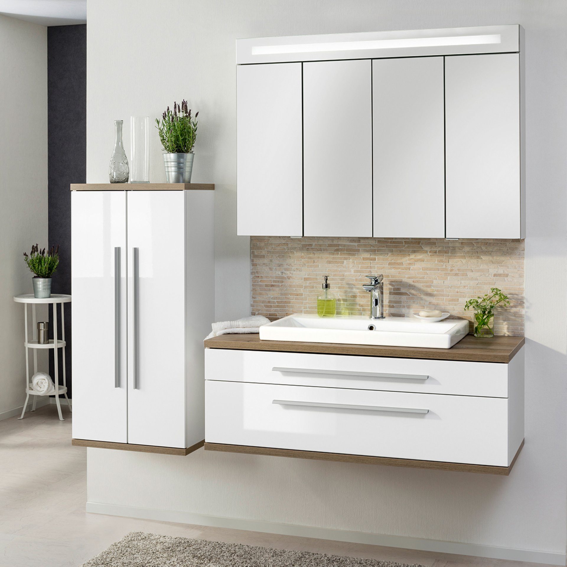 FACKELMANN Badmöbel-Set STANFORD 110 cm breit, Weiß, Keramik, Spiegelschrank + Midischrank