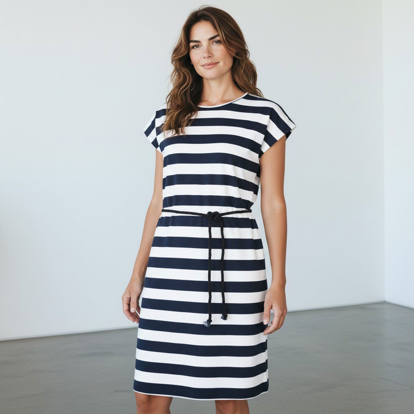 modAS Shirtkleid Damen Kurzarm-Kleid mit Blockstreifen - Streifenkleid mit Kordelband