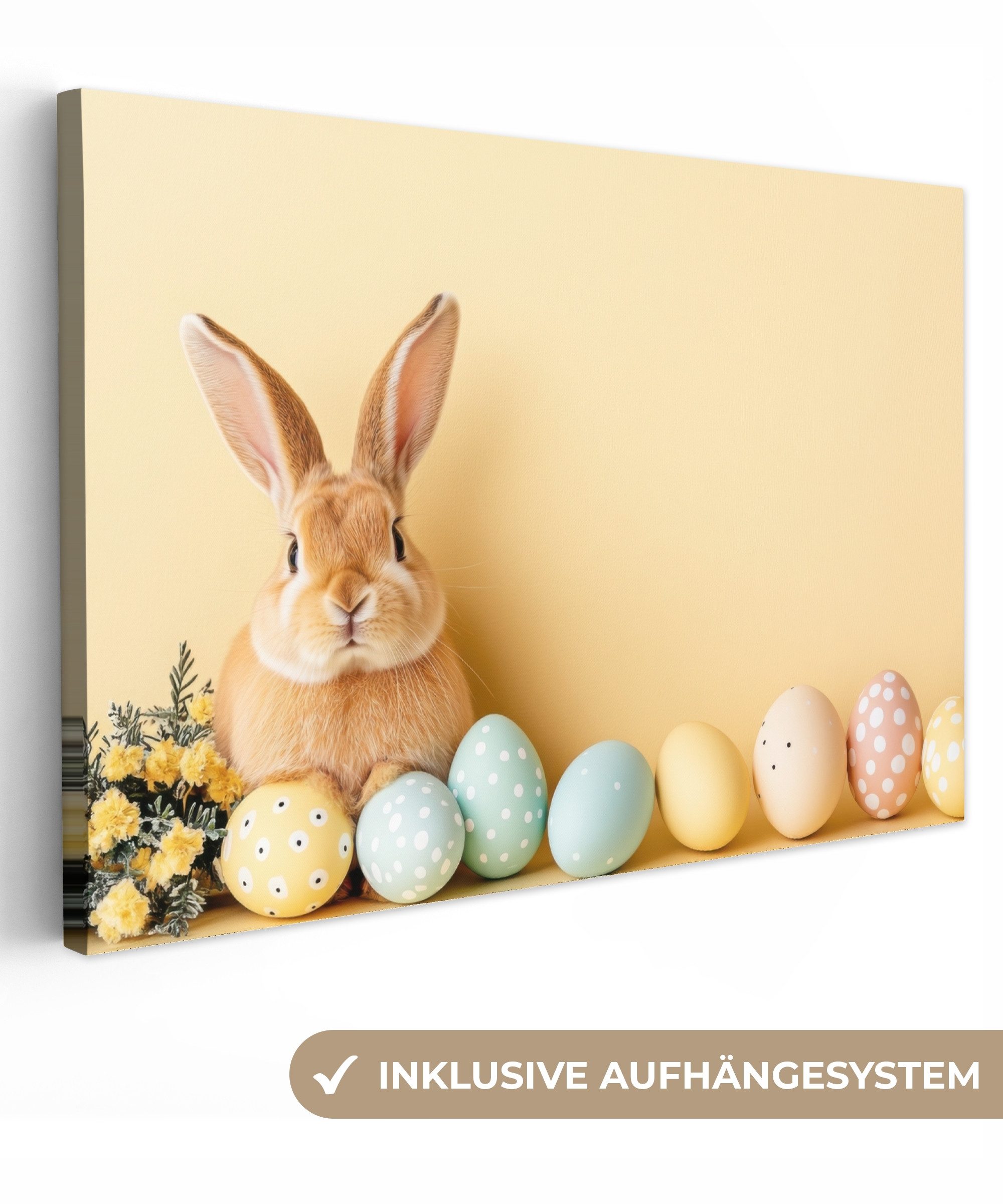 OneMillionCanvasses® Leinwandbild Eier - Kaninchen - Pastellfarbtöne - Ostern Deko, Fotodruck (1 St), Leinwand Bilder Klein, Wand Dekoration Aesthetic 30x20 cm