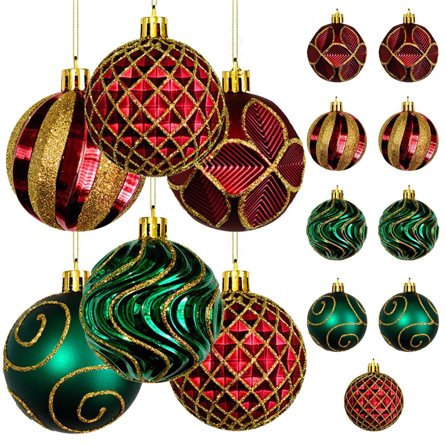 FOUORTUNATE-BEE Weihnachtsbaumkugel 9-teiliges Set luxuriöser Weihnachtskugeln in Rot und Grün, Bruchsichere Baumdeko mit goldenen Glitzermustern