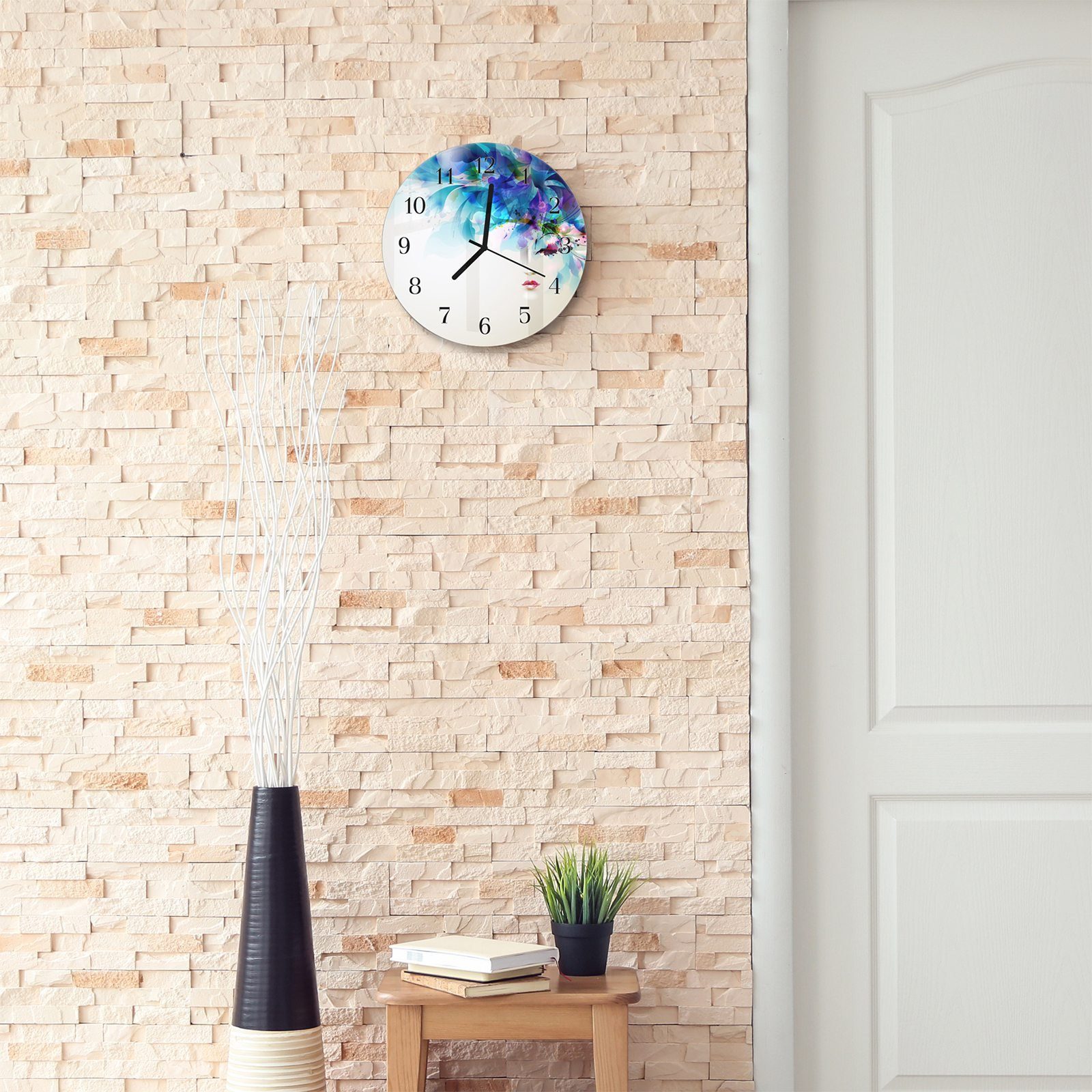 Primedeco Wanduhr Wanduhr aus Motiv cm Rund und Durchmesser Blüten 30 Glas Quarzuhrwerk Abstrakte mit - mit