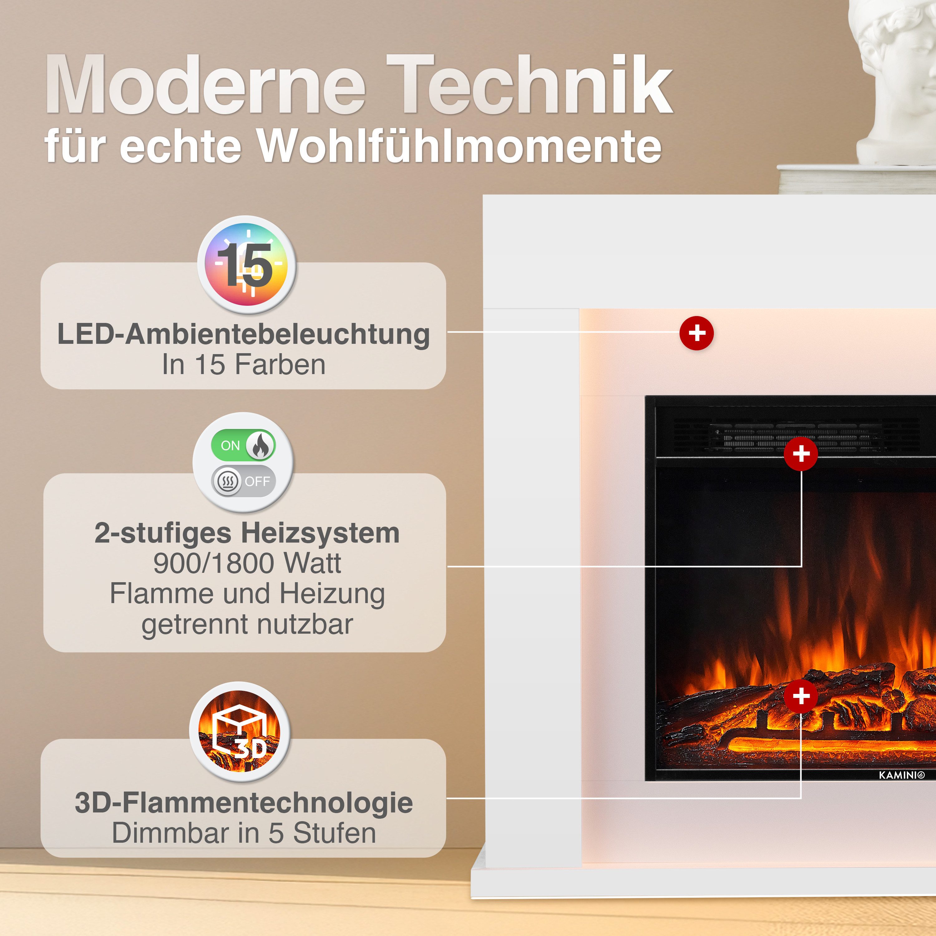 KAMINIO Elektrokamin MATTI, Elektrischer Kamin mit 3D-Flammeneffekt, Ambientelicht, Heizung 1800W