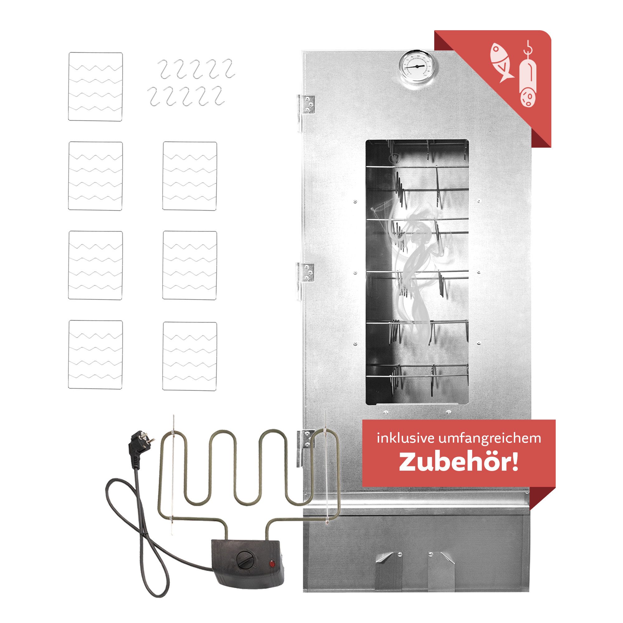 Lemodo Räucherofen XL mit Zubehör, Räucherschrank 110 cm hoch Stahl, mit umfangreichen Zubehör und 3 Etagen