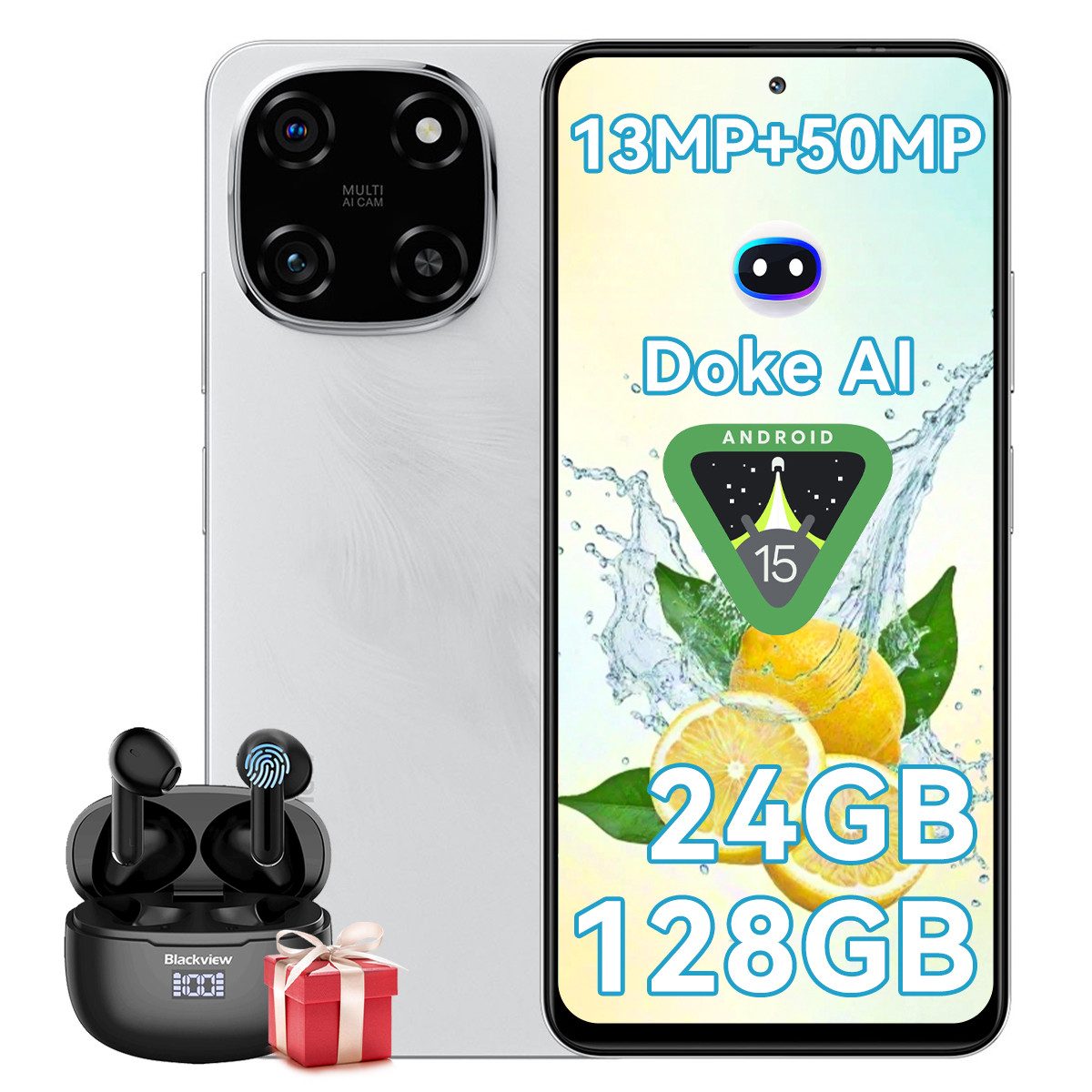 blackview Color 6 incl. Airbuds 8 Smartphone (128 GB Speicherplatz, 50 MP Kamera, Android 15, DokeOS 4.1, 18W,Dual SIM /Fingerabdruck/Face ID/GPS/OTG)