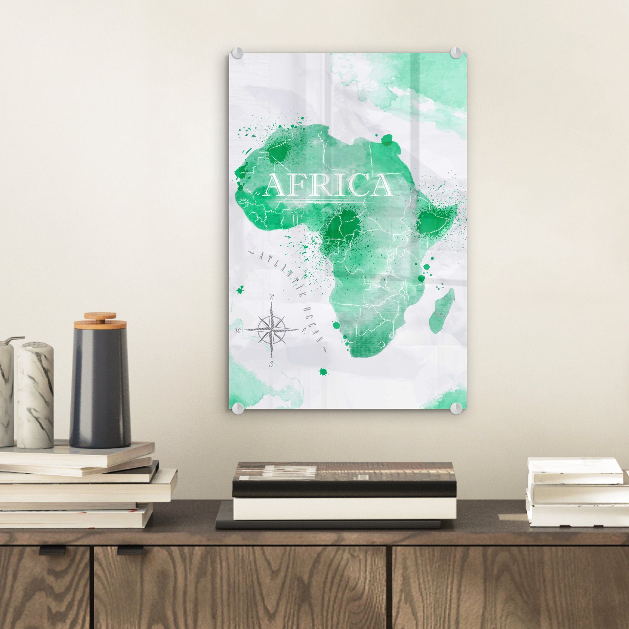 MuchoWow Acrylglasbild Afrika Wanddekoration - - Bilder auf - Wandbild auf - Weltkarte Aquarell, (1 St), Foto Glas Glasbilder - Glas
