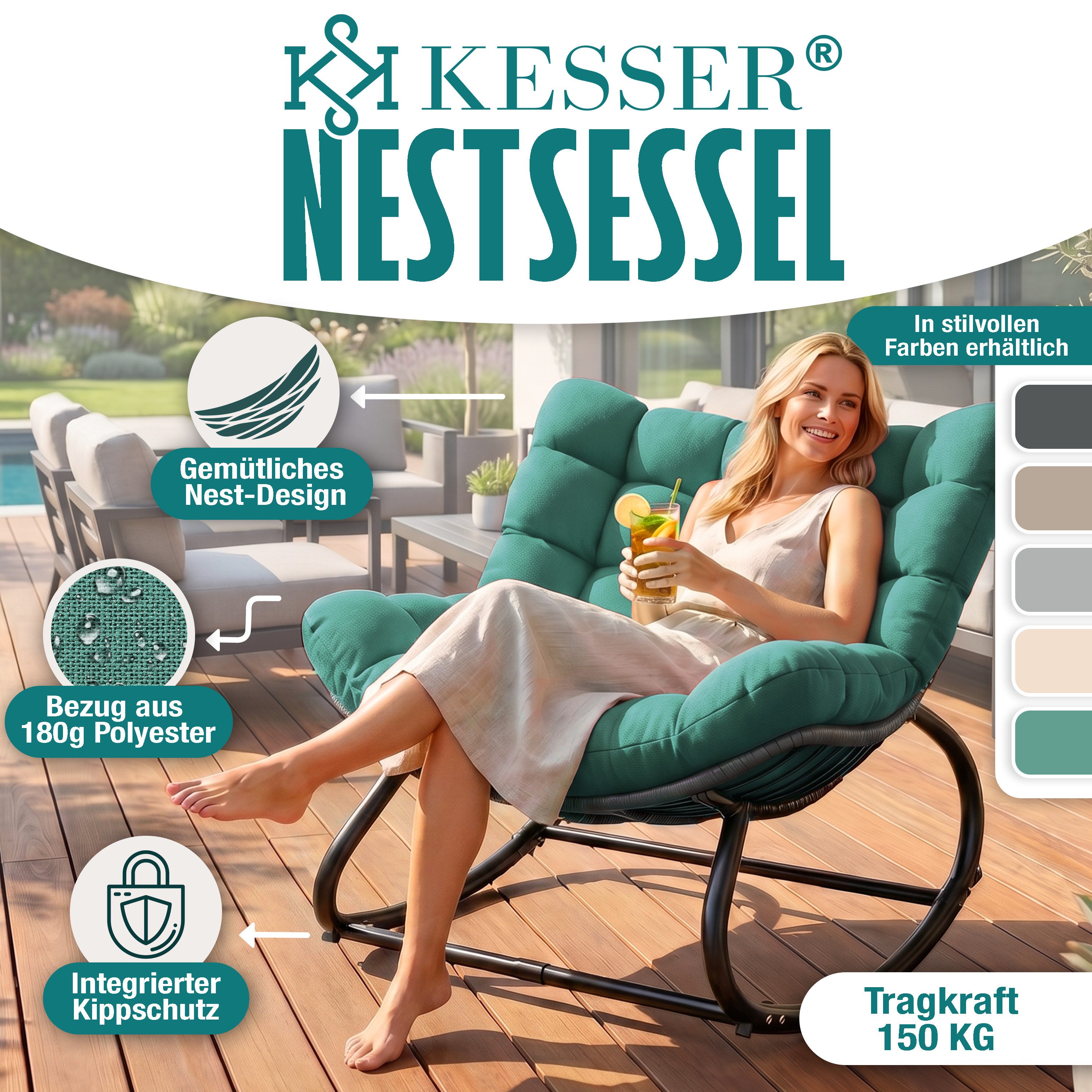 KESSER Schaukelstuhl (maximale Belastung 120kg, witterungsbeständig & mit rutschfesten Füßen), Loungesessel ergonomisches Relaxsessel für Balkon, Garten & Wohnz – Bild 2 von 5