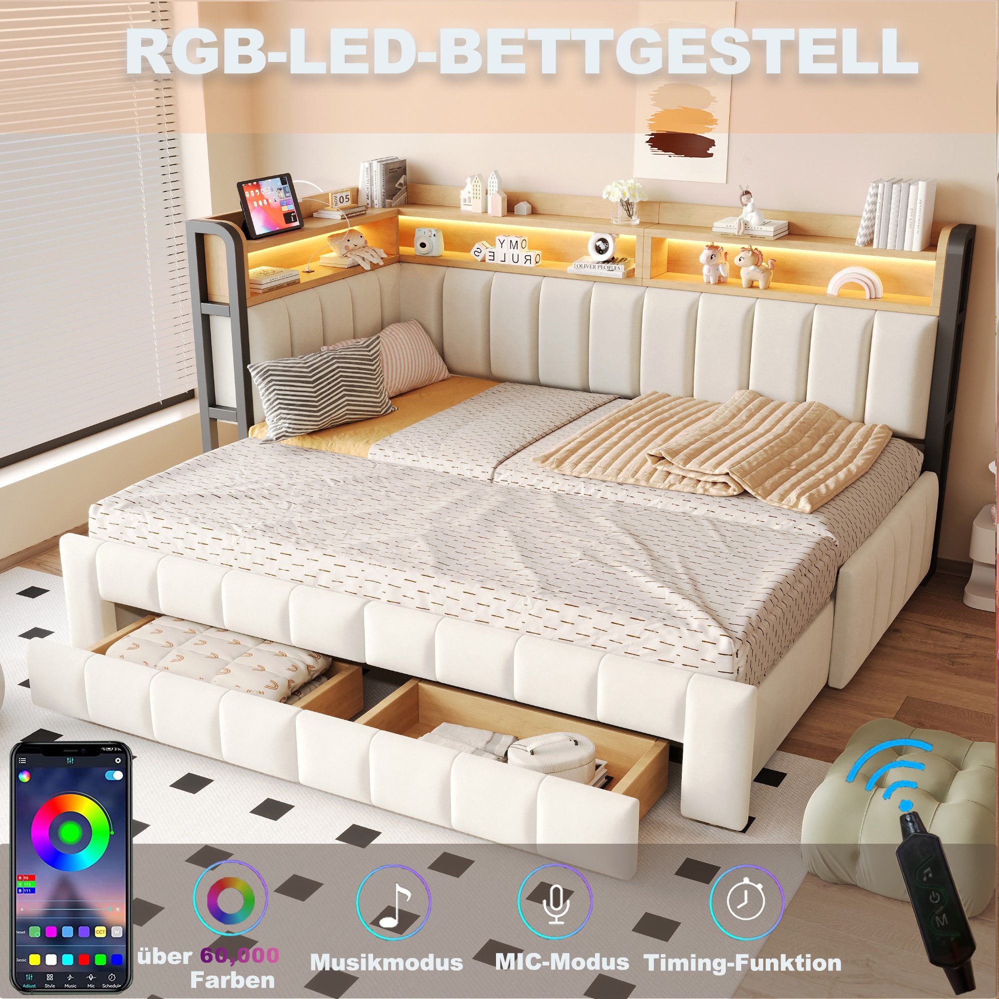 Celya Polsterbett Schlafsofa 90/180 × 200 cm Mit Ausziehbarem Bettteil und Schubladen (ohne Matratze, Mit LED-Beleuchtung, USB- und Typ-C-Anschlüssen), Mit Abla – Bild 3 von 5