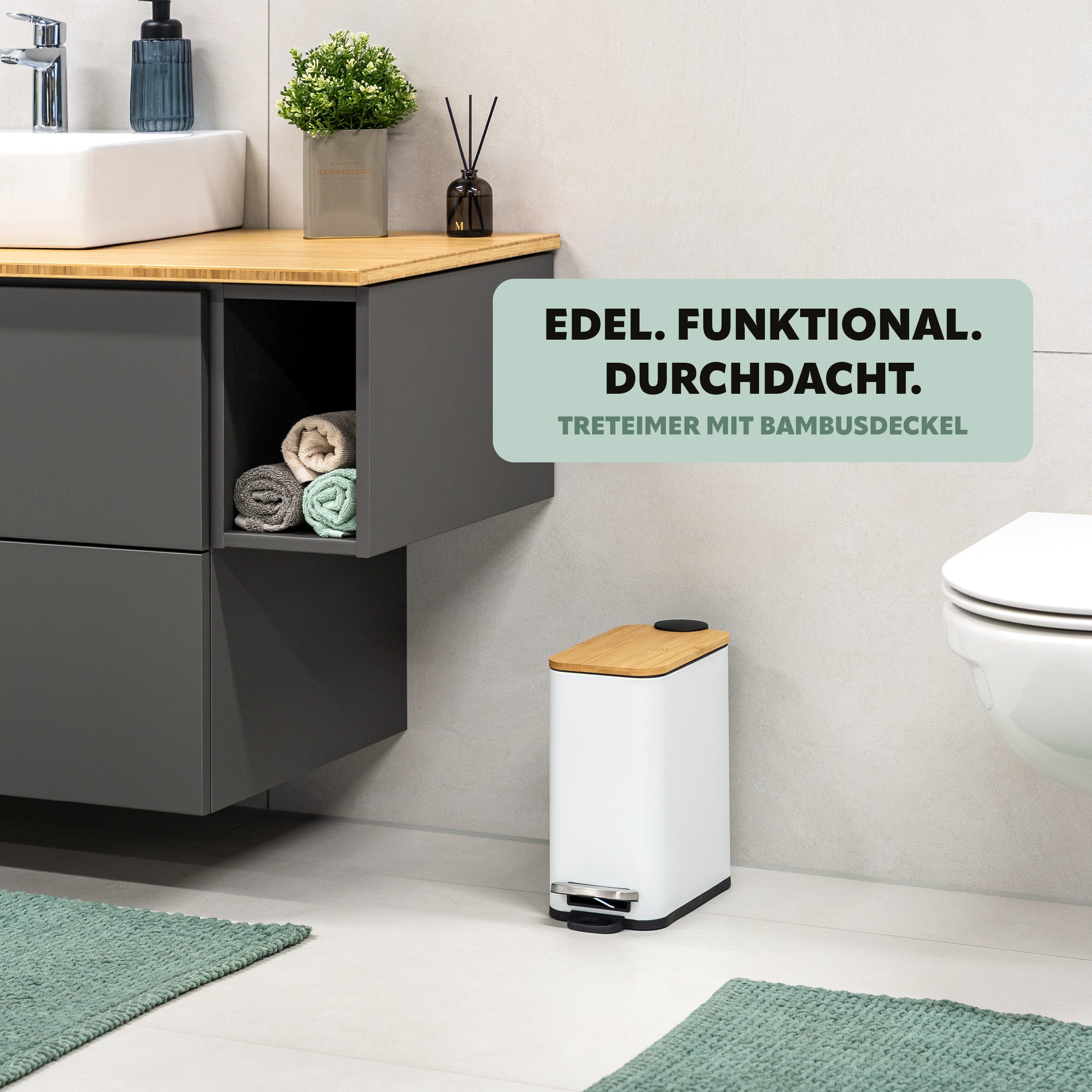 bremermann Kosmetikeimer mit Bambus-Deckel, Bad-Mülleimer mit Soft-Close, 5 l