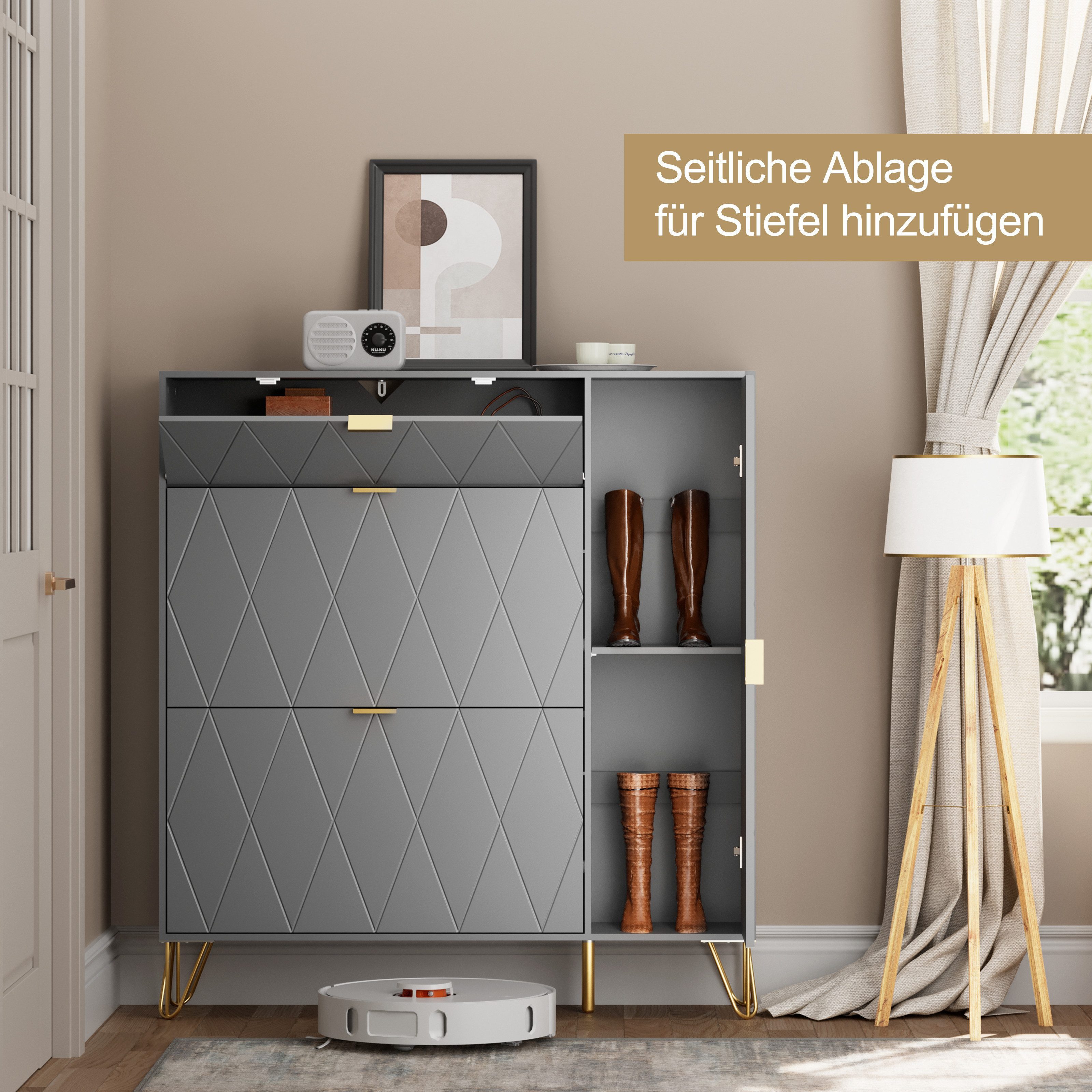 UEV Schuhschrank mit 2 Klappen und Tür Schuhregal mit Kippsicherung (Schuhkommode, Schuhkipper, Trennwand verstellbar, 105x24x120cm) platzsparend, Für verschiedene Schuhtypen geeignet