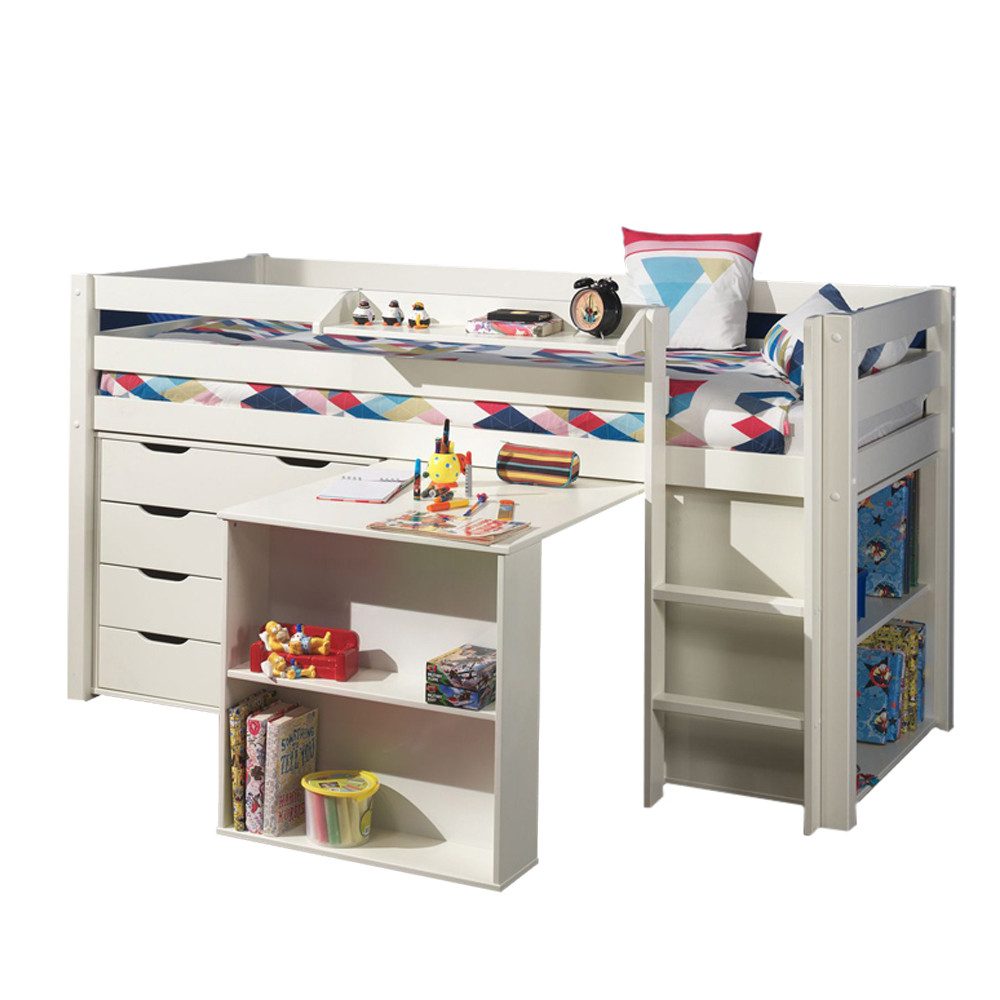Lomadox Hochbett PINOO-12 weiß lackiert mit und Schreibtisch 210/114/106 cm