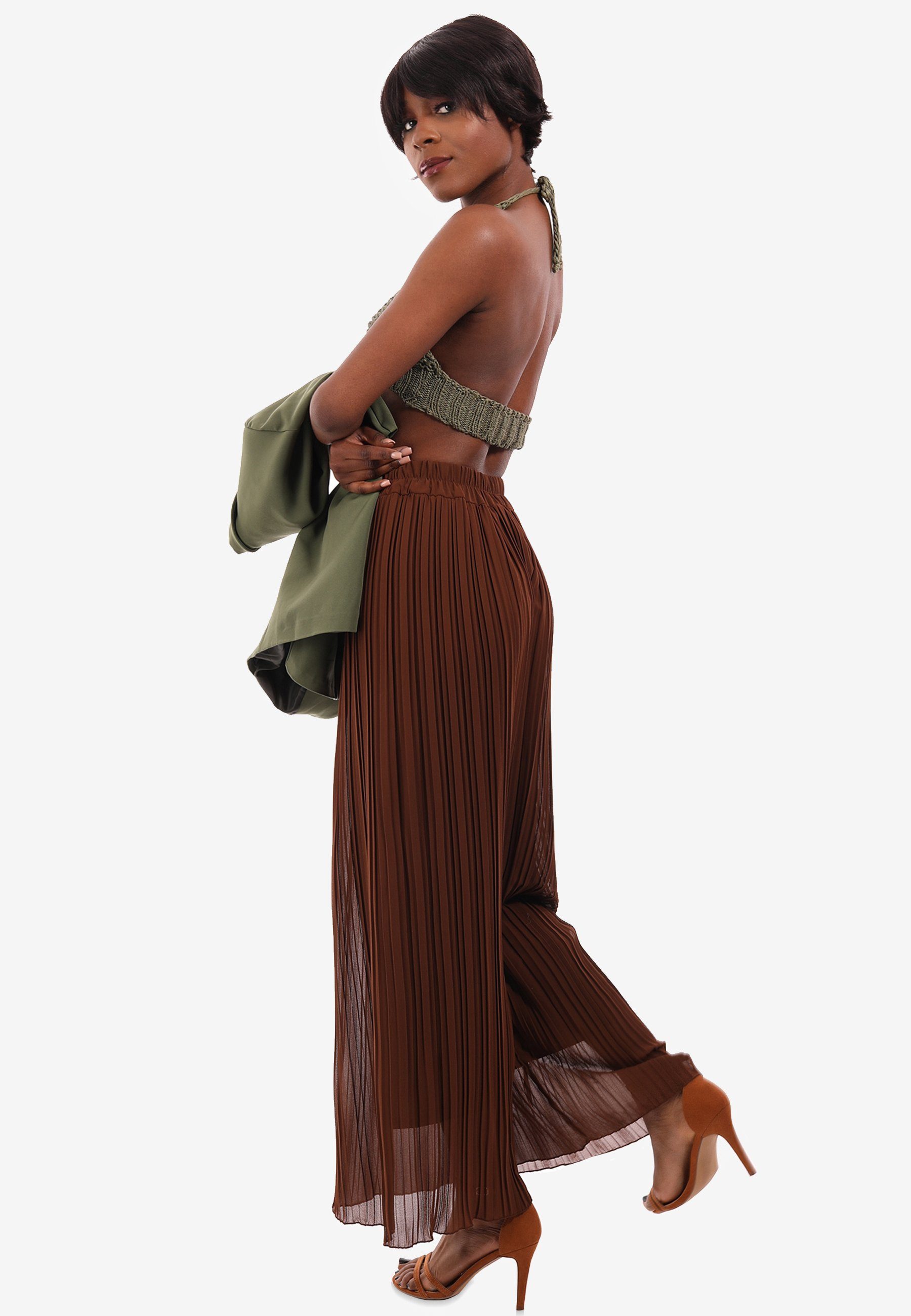 YC Fashion & elastischem braun in Marlene-Hose Plissee in mit Unifarbe Bund, Kordelzug, mit Schlupfform Hose Style