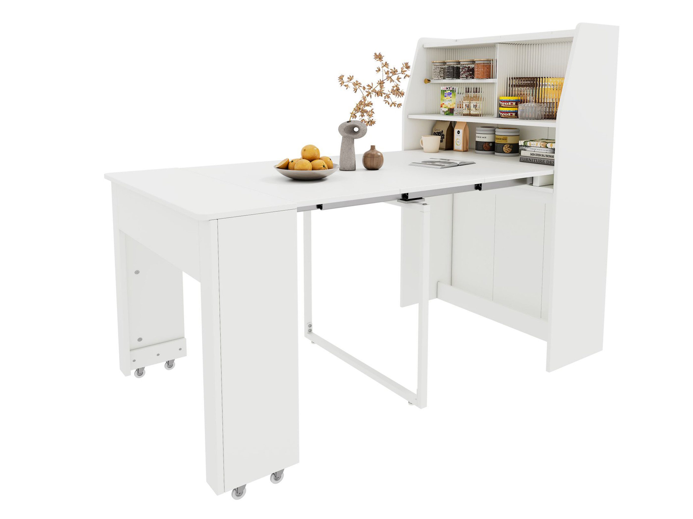 SeedWave Esstisch Ausziehbarer Küchentisch in Minimalismus, Glas-Schiebtüren & Stauraum, 52-132.5cm Tisch mit Rollen, inkl. seitliches Buffet