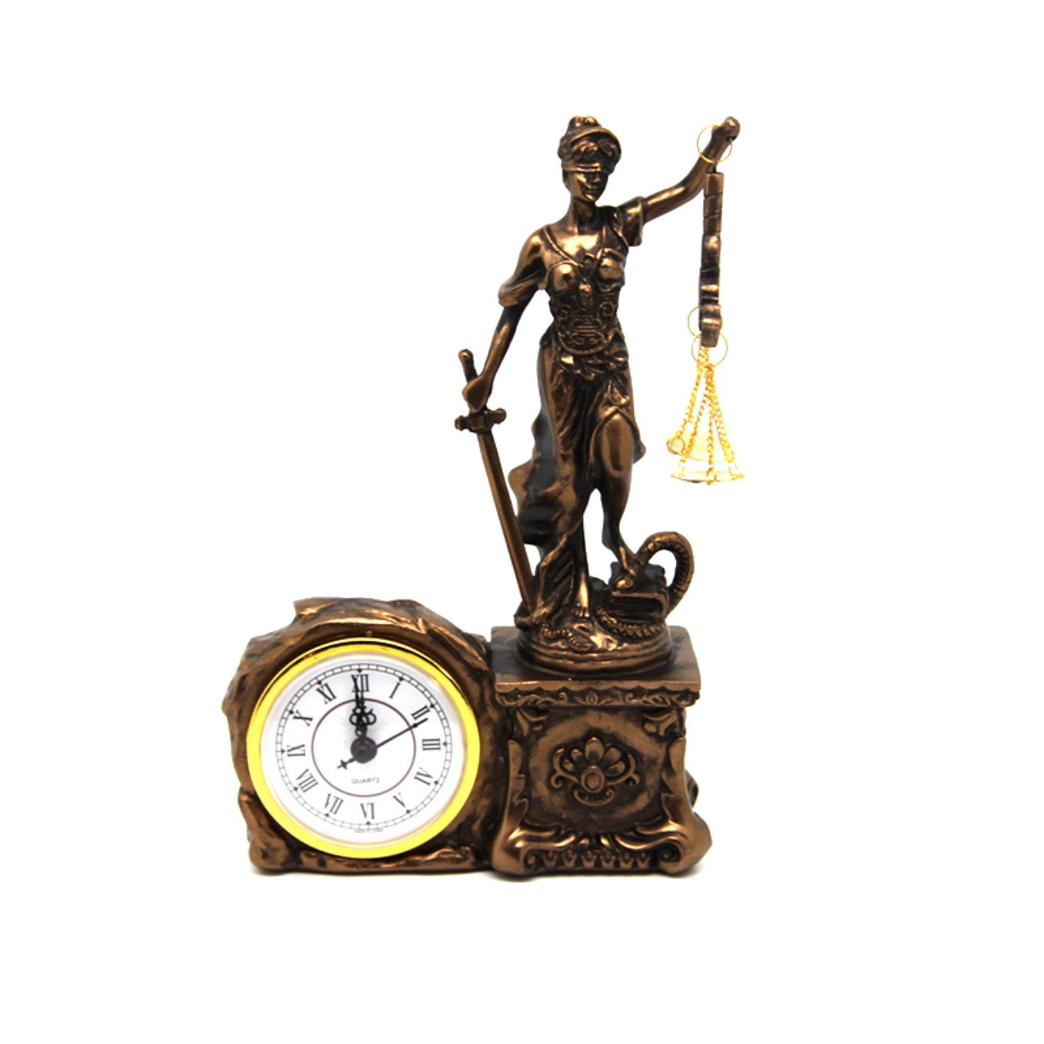 Queen Isabell Tischuhr Uhrfigur der Themis mit Gewichtsschwert Bronzeskulptur