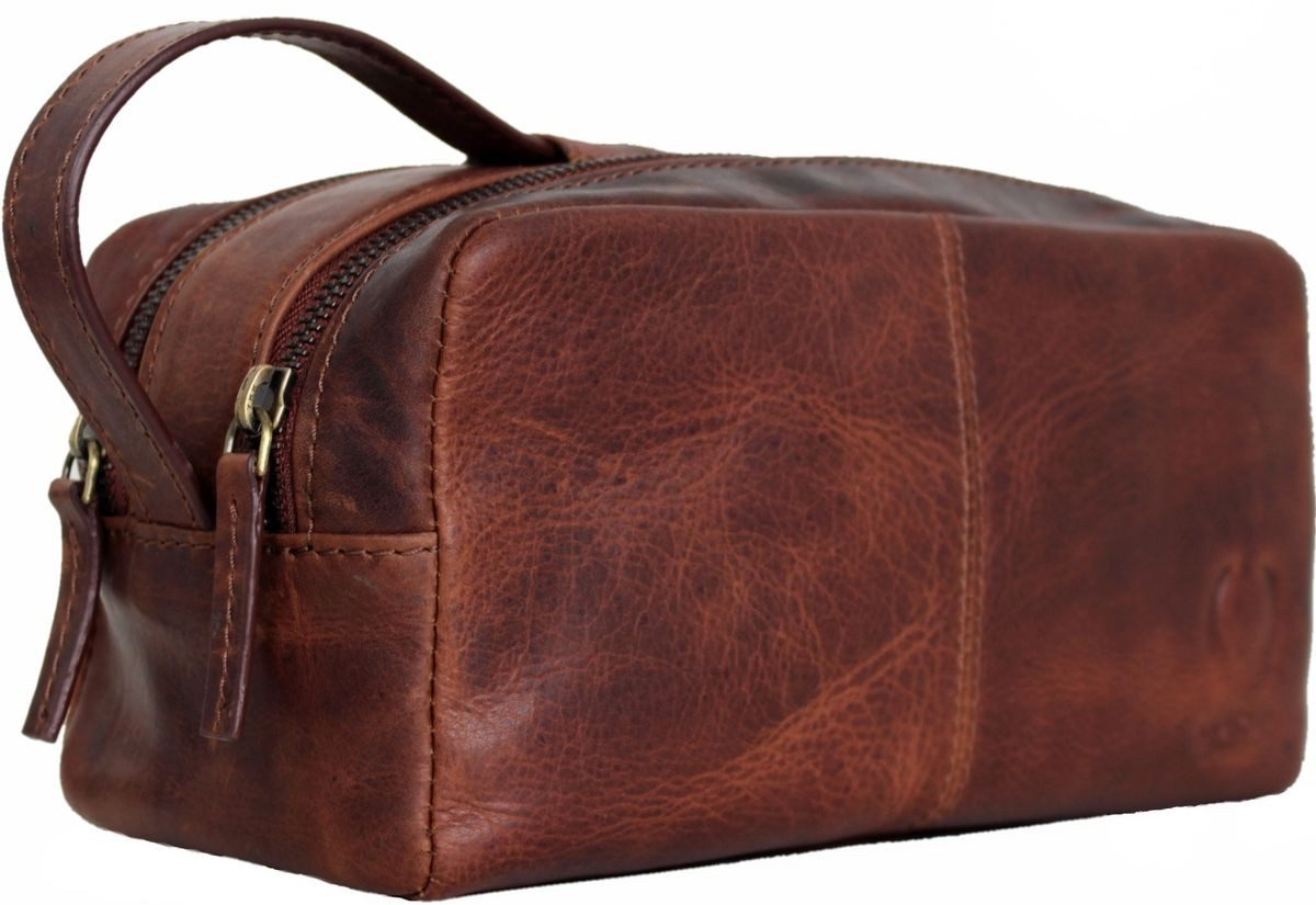 Corno d´Oro Kulturbeutel Handmade Kulturtasche aus echtem Leder für Damen und Herren, mit ausziehbarem Tragegriff, 2 Reißverschlussfächer, vintage braun